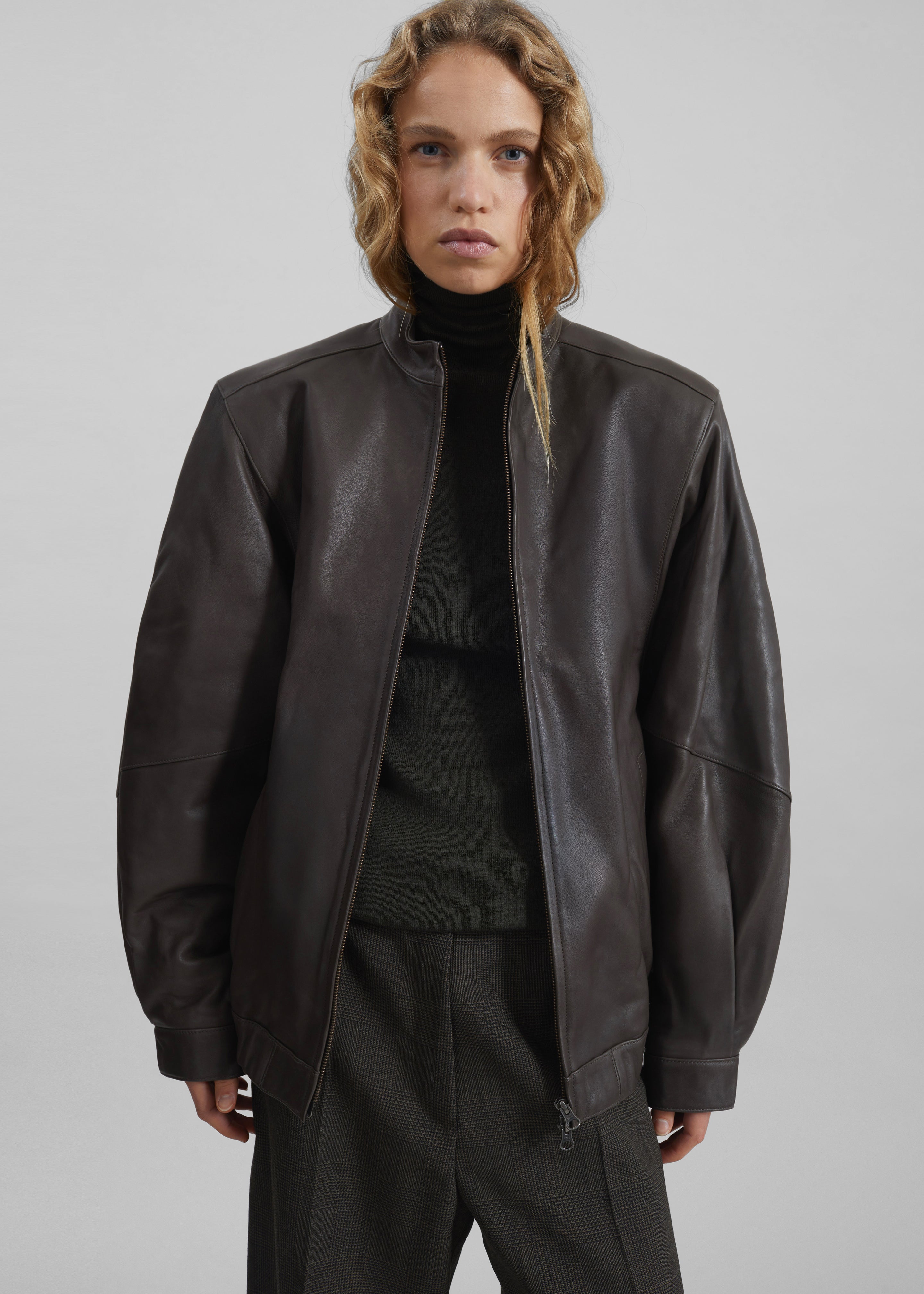 Amomento Lambskin Leather Blouson - Brown - 3