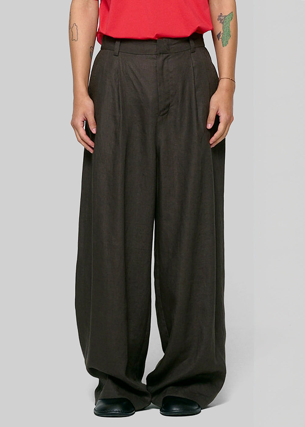 Amomento Linen Two Tuck Wide Pants - Khaki Grey - 1