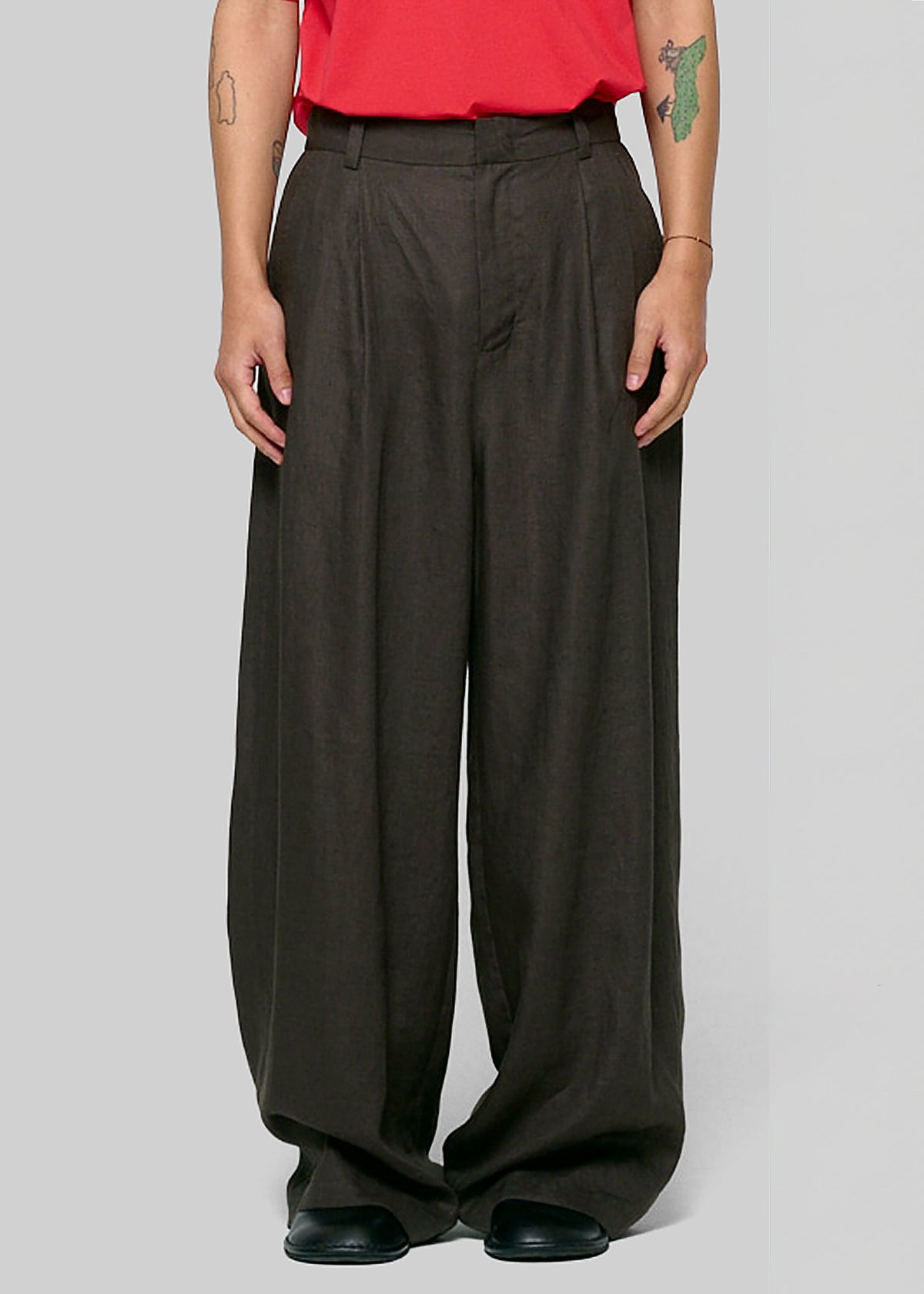 Amomento Linen Two Tuck Wide Pants - Khaki Grey - 2