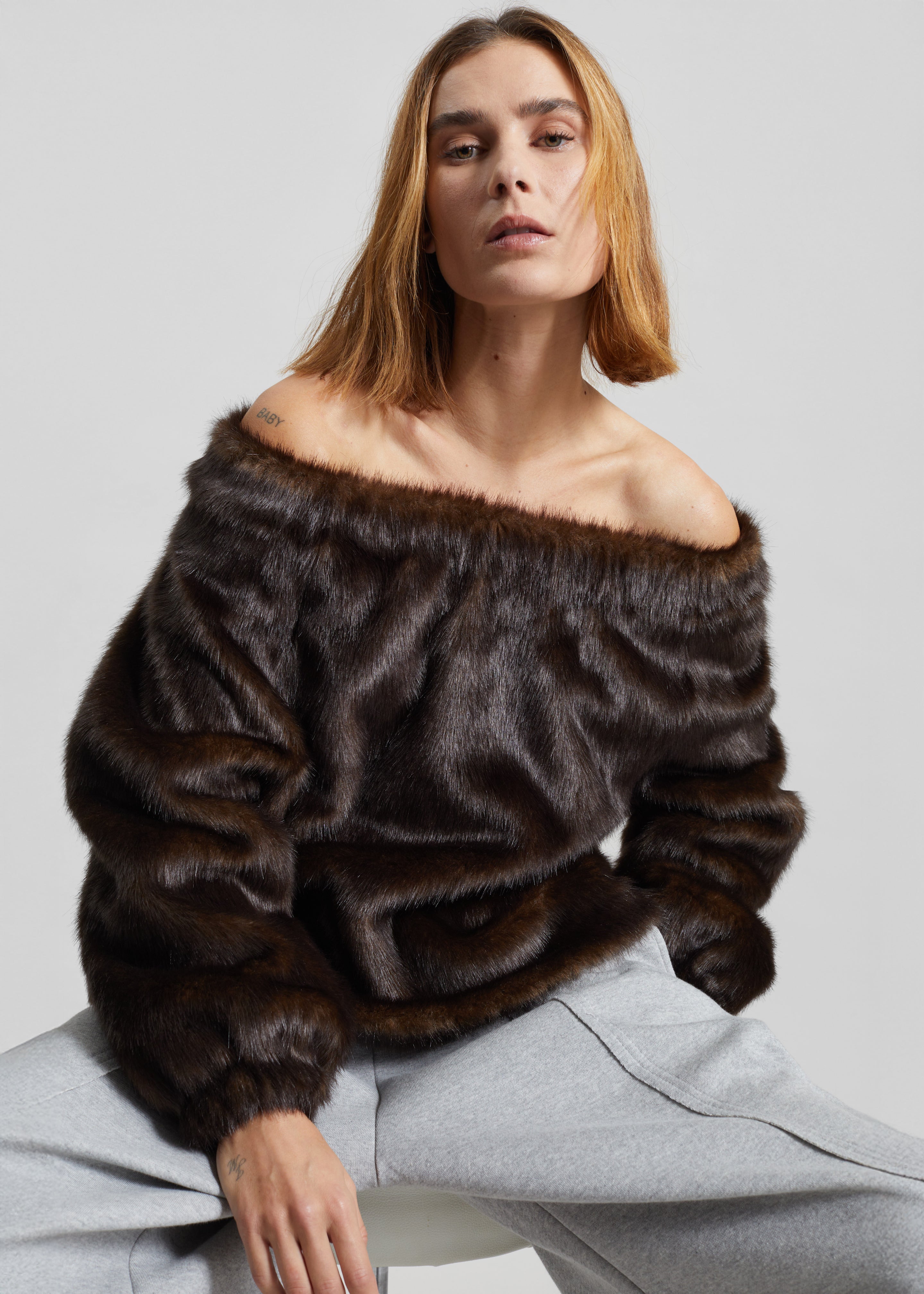 Amomento Shearing Off Shoulder Top - Dark Brown - 1