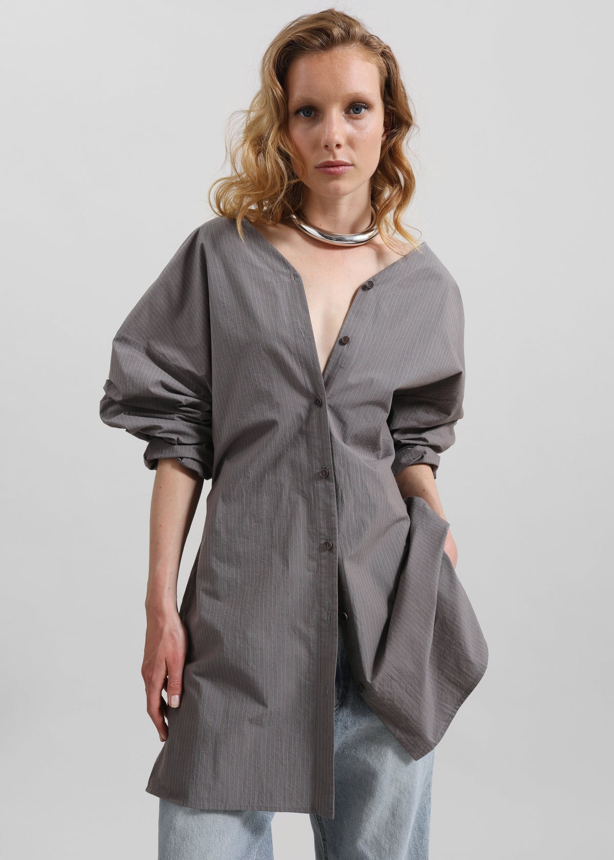 Amomento Striped Shirt Dress - Grey - 1