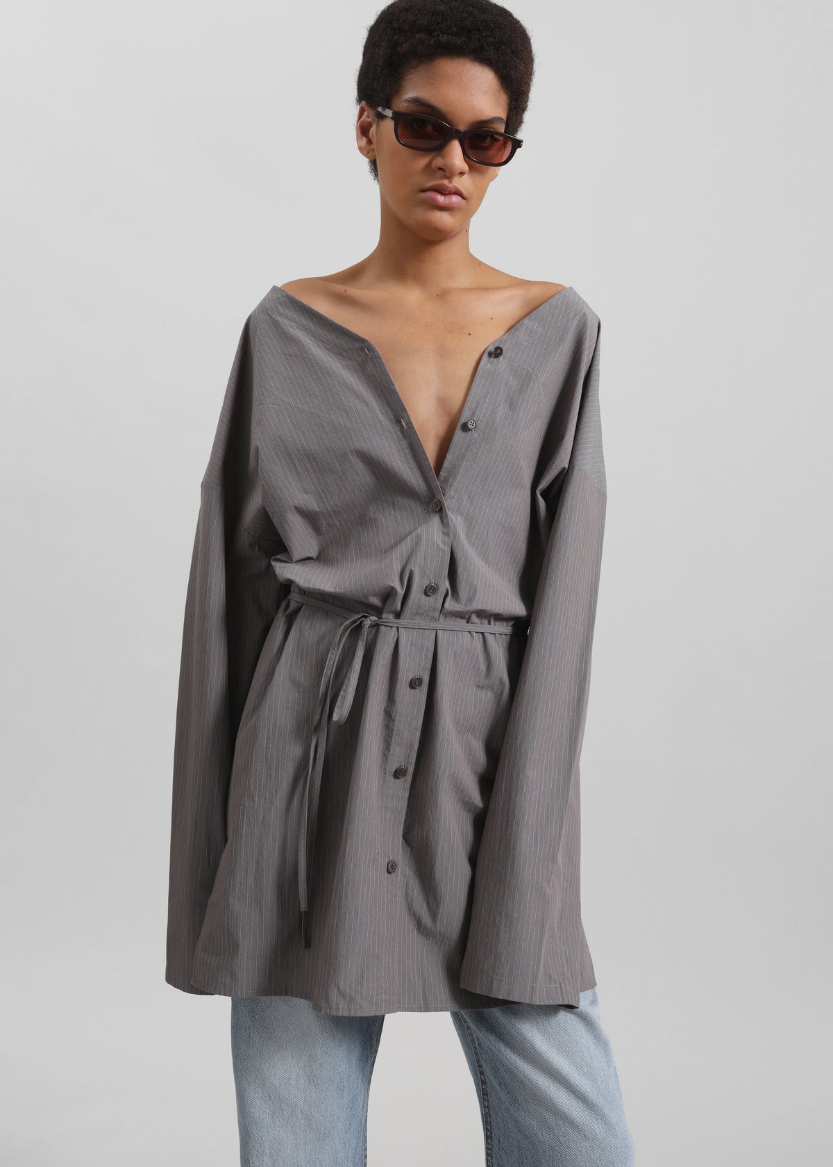 Amomento Striped Shirt Dress - Grey - 4