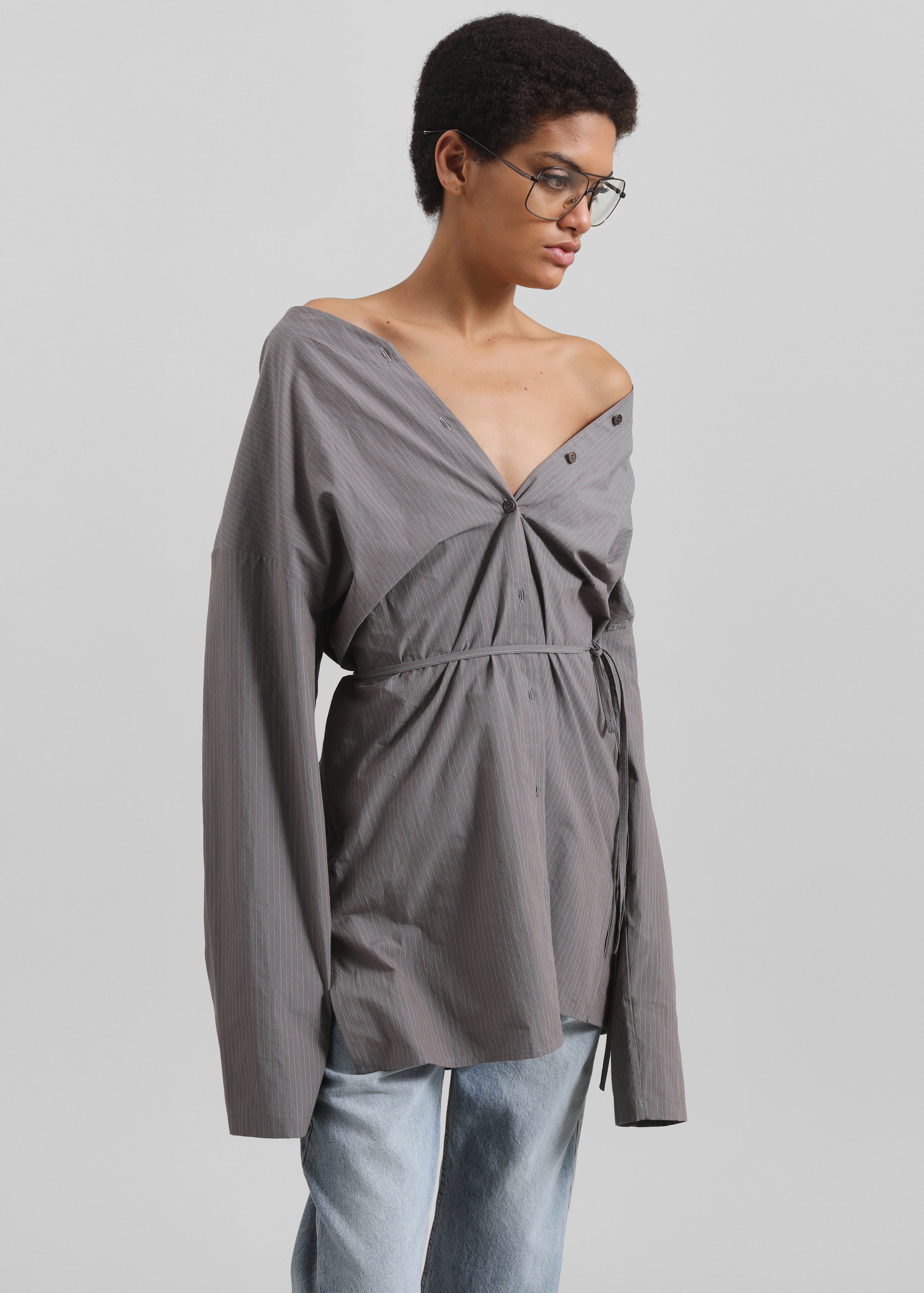 Amomento Striped Shirt Dress - Grey - 7