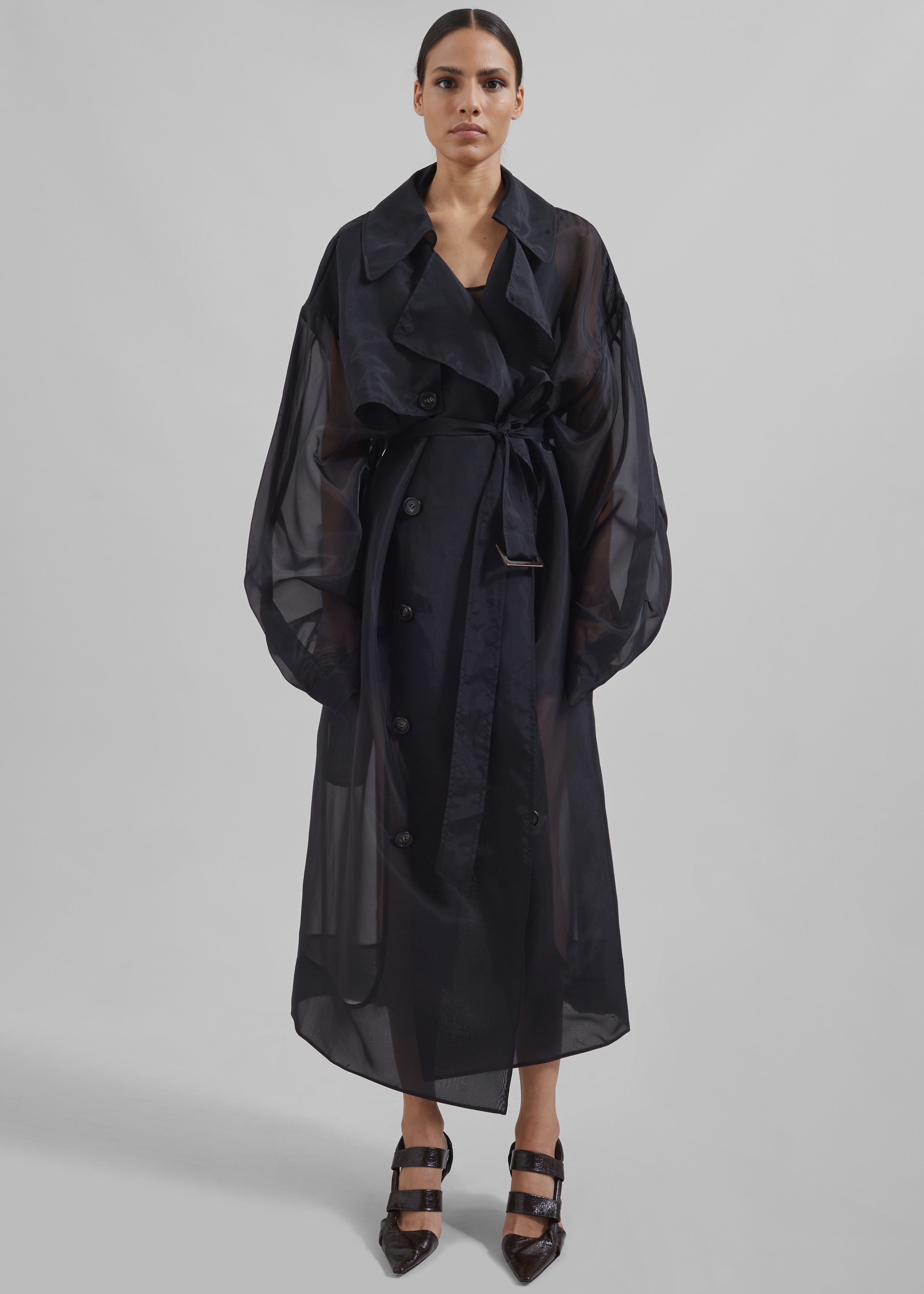 Anika Sheer Silk Trench Coat - Black - 5