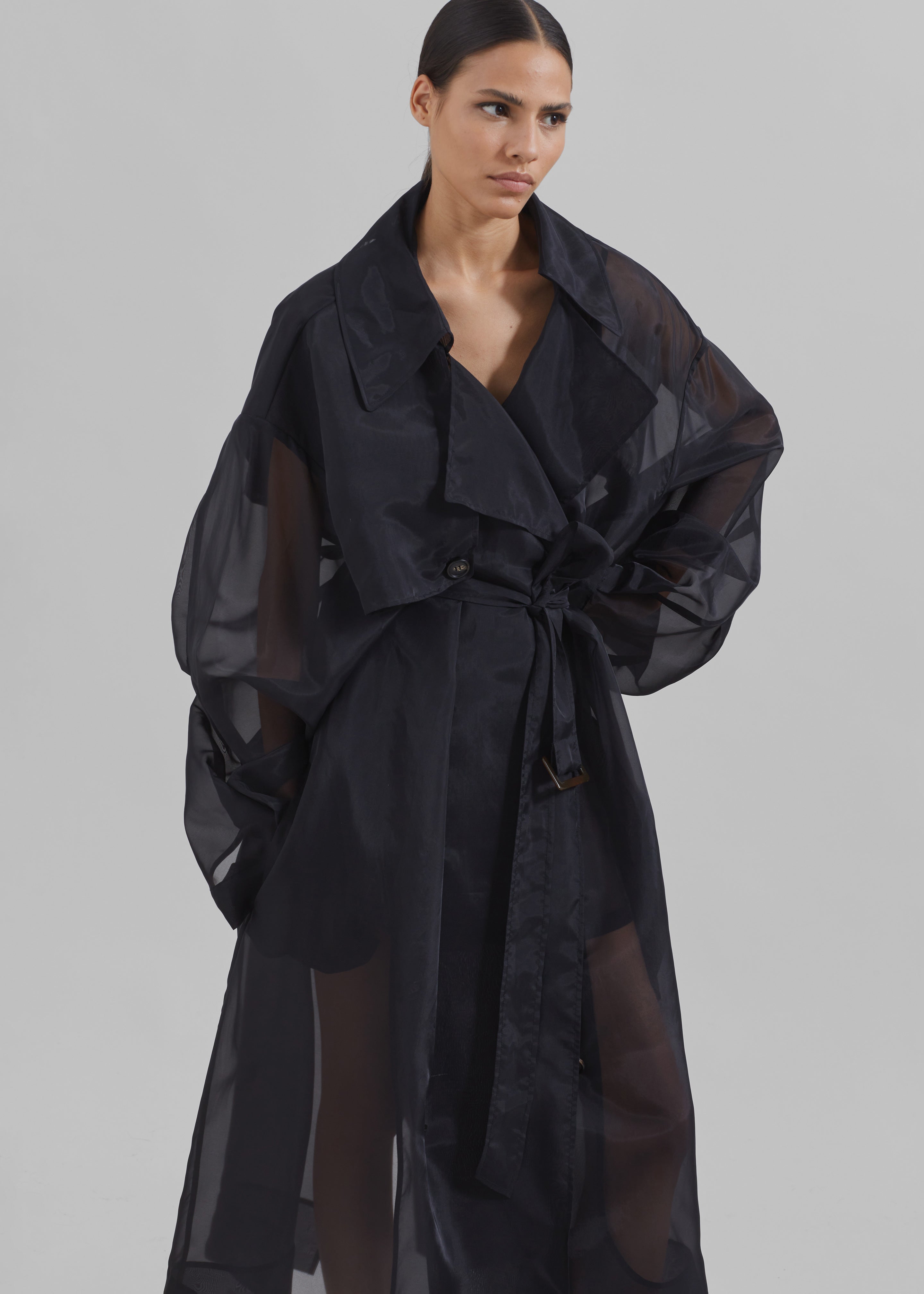 Anika Sheer Silk Trench Coat - Black - 10