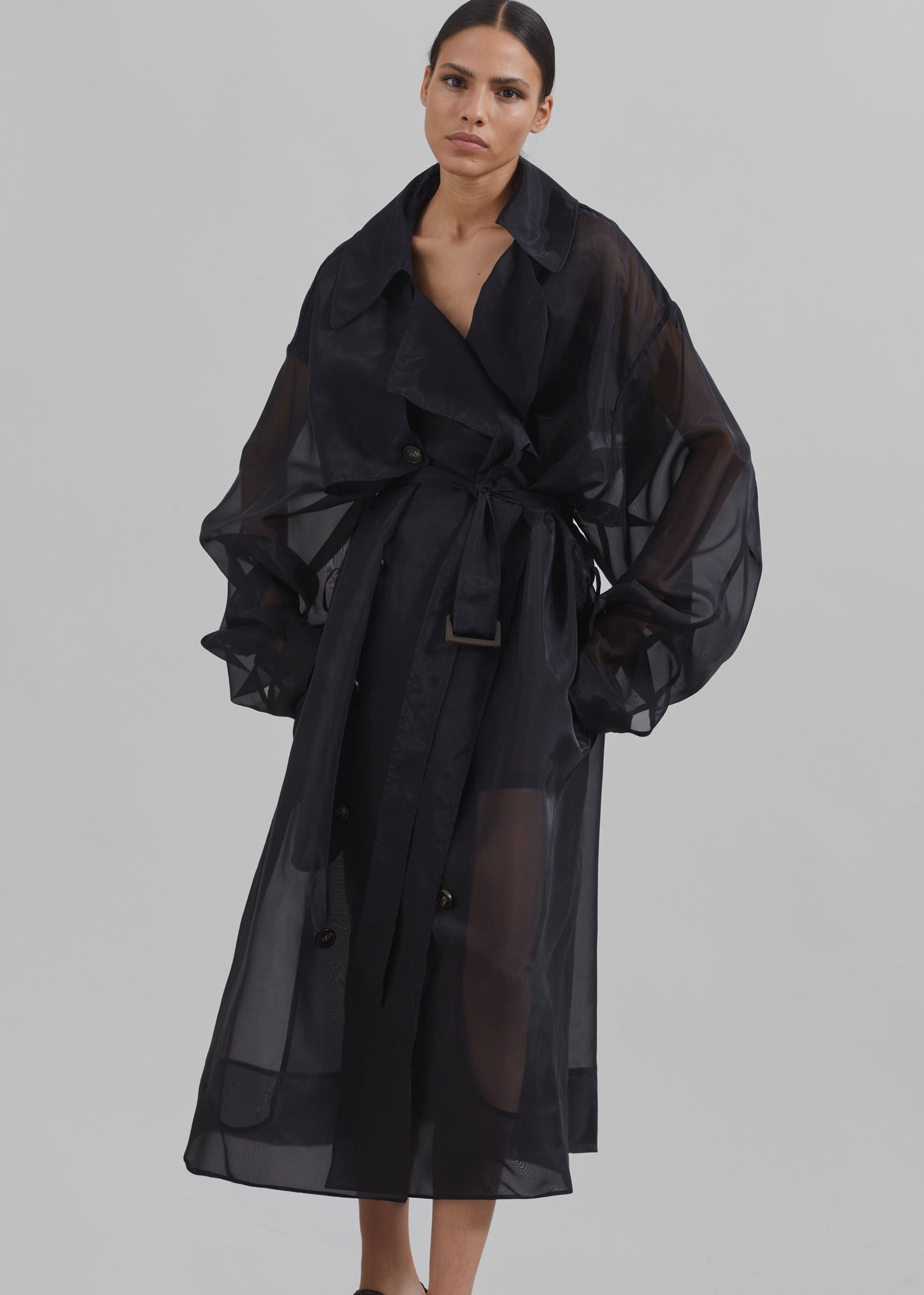 Anika Sheer Silk Trench Coat - Black