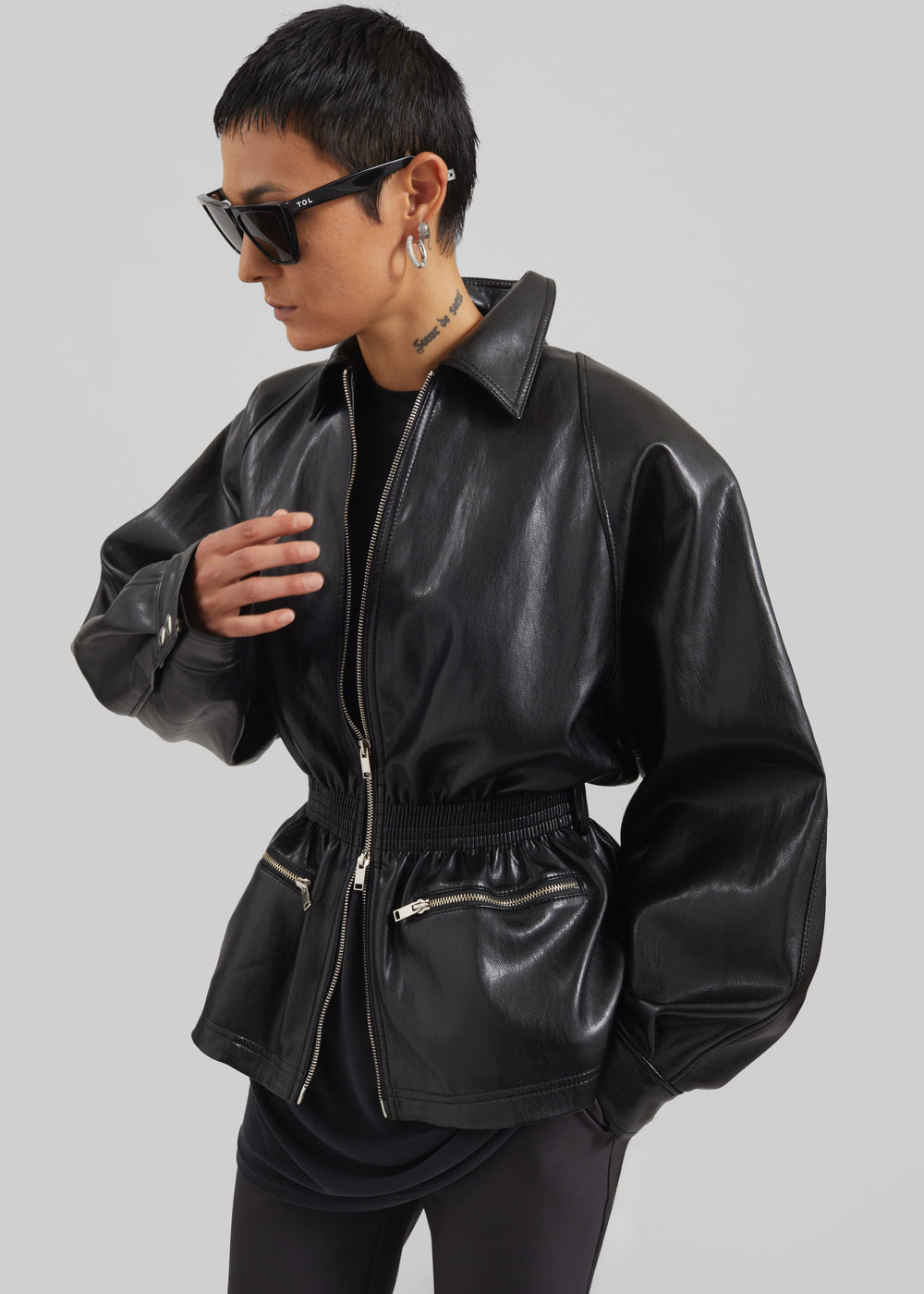 Annette Faux Leather Peplum Jacket - Black - 1
