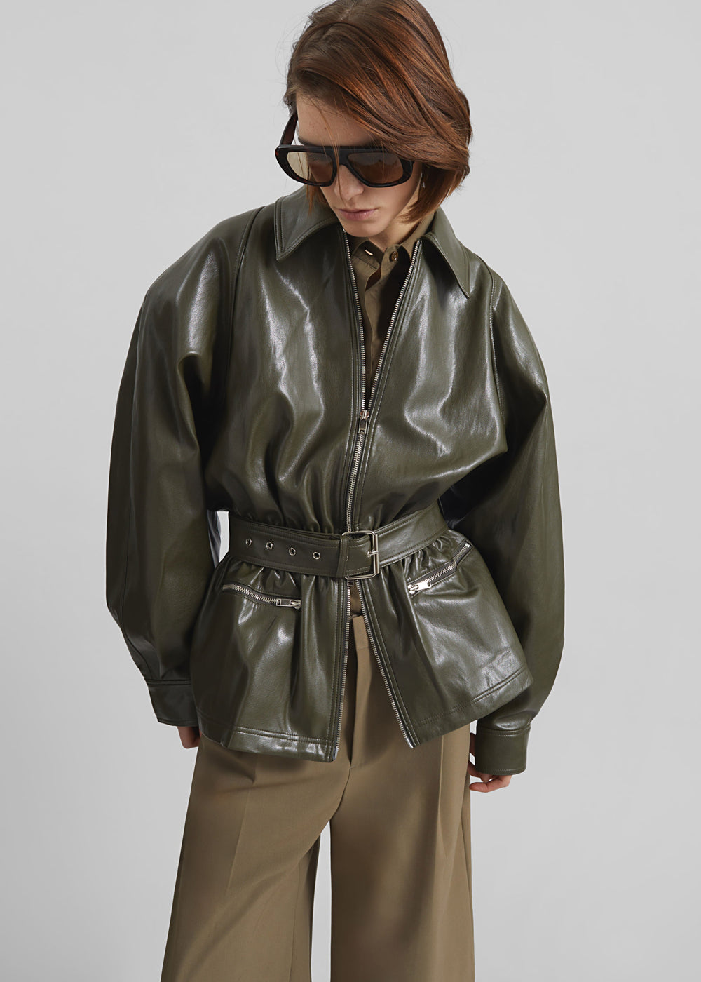 Annette Faux Leather Peplum Jacket - Olive - 1