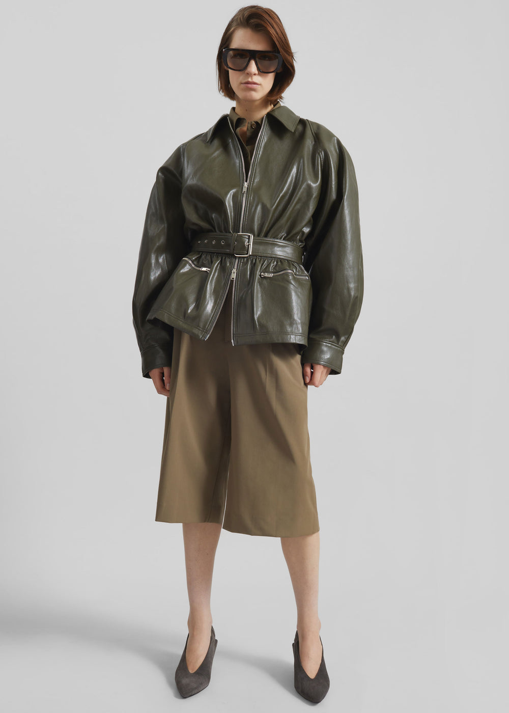 Annette Faux Leather Peplum Jacket - Olive