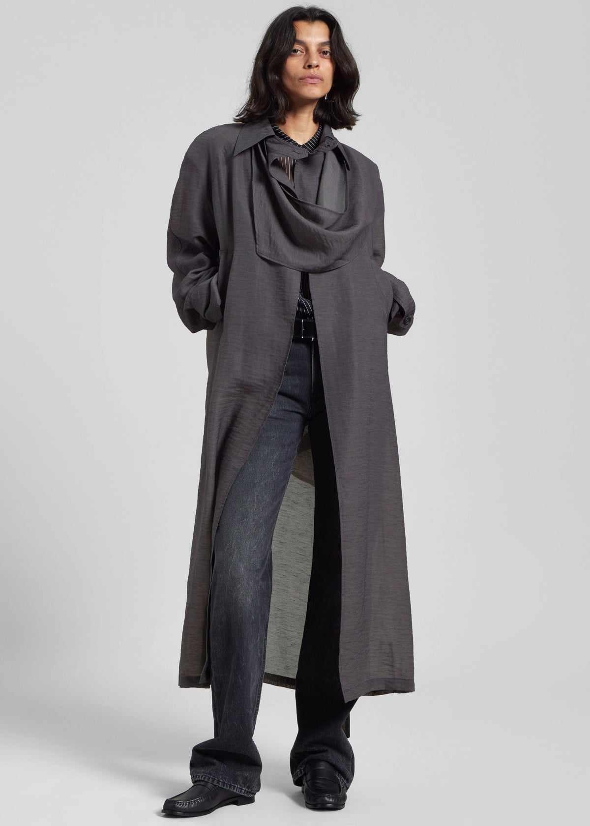 Ansel Sheer Scarf Collar Trench - Charcoal - 12