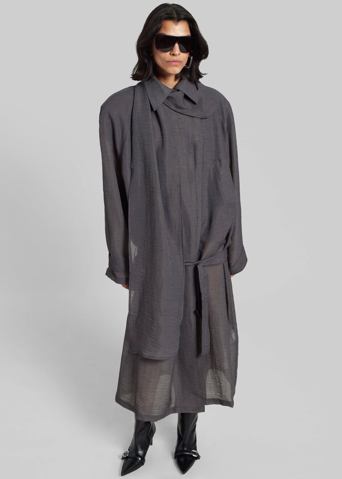 Ansel Sheer Scarf Collar Trench - Charcoal - 10