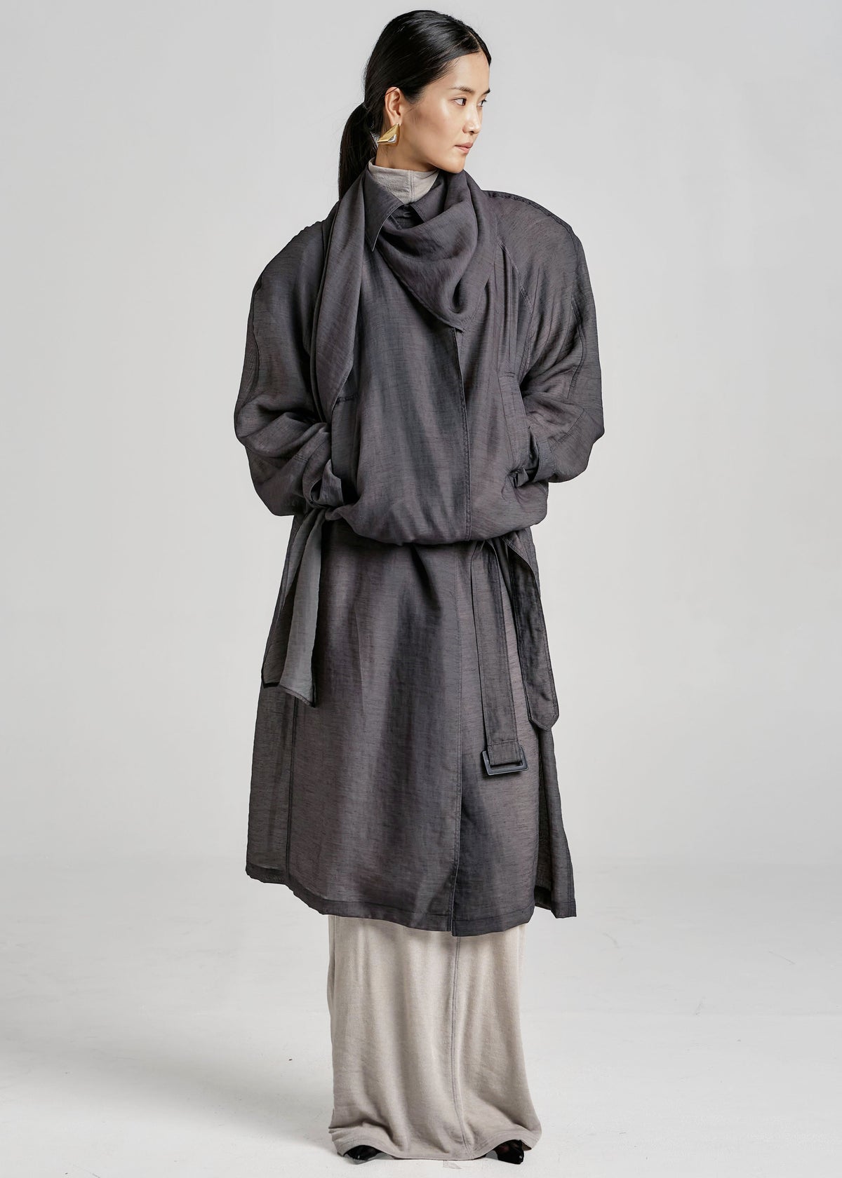 Ansel Sheer Scarf Collar Trench - Charcoal - 9