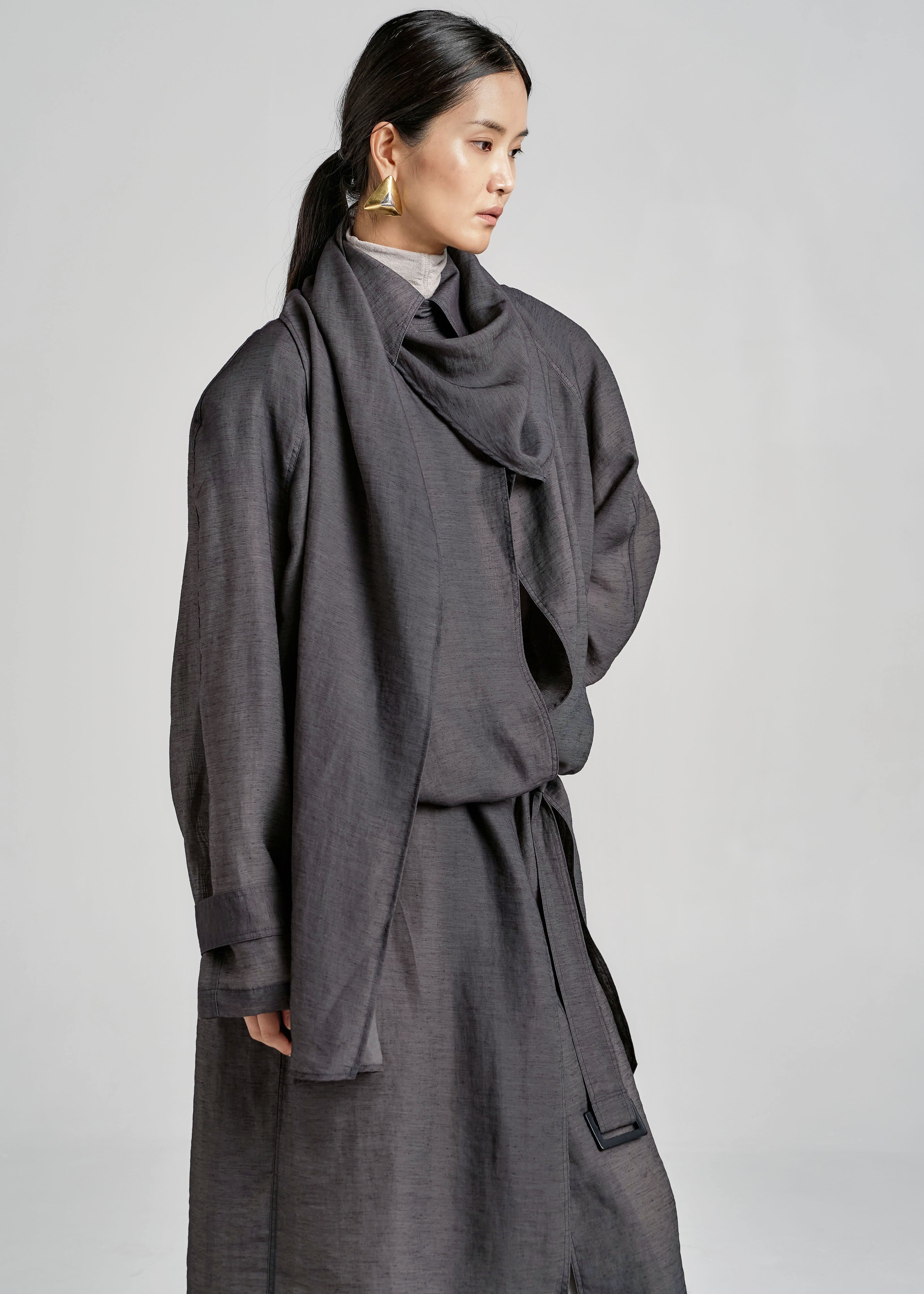 Ansel Sheer Scarf Collar Trench - Charcoal - 11