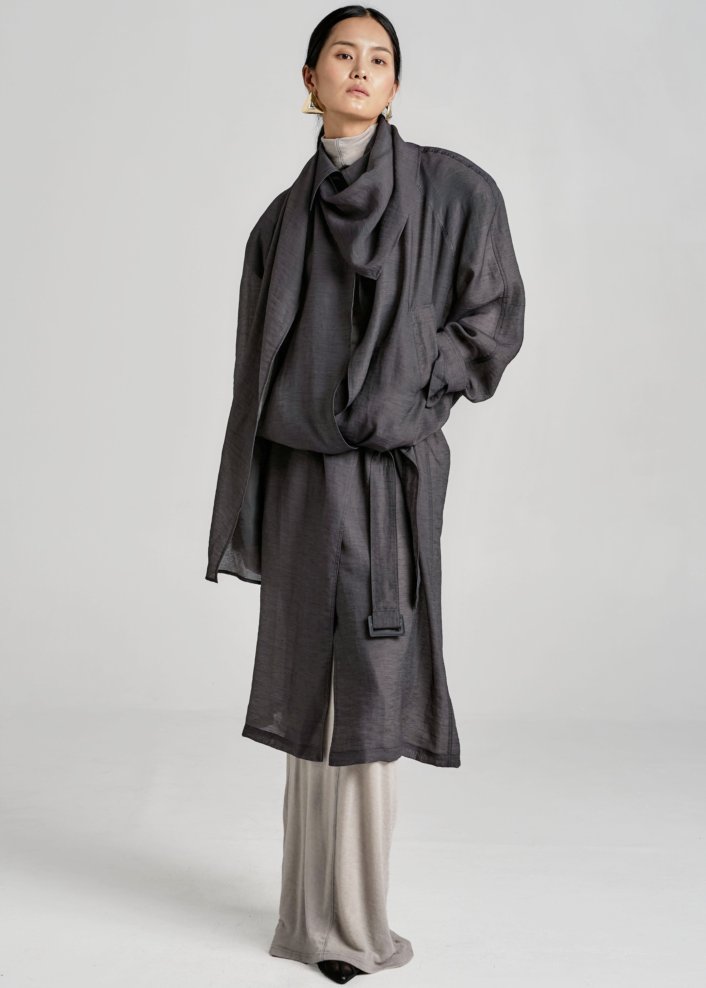 Ansel Sheer Scarf Collar Trench - Charcoal - 3