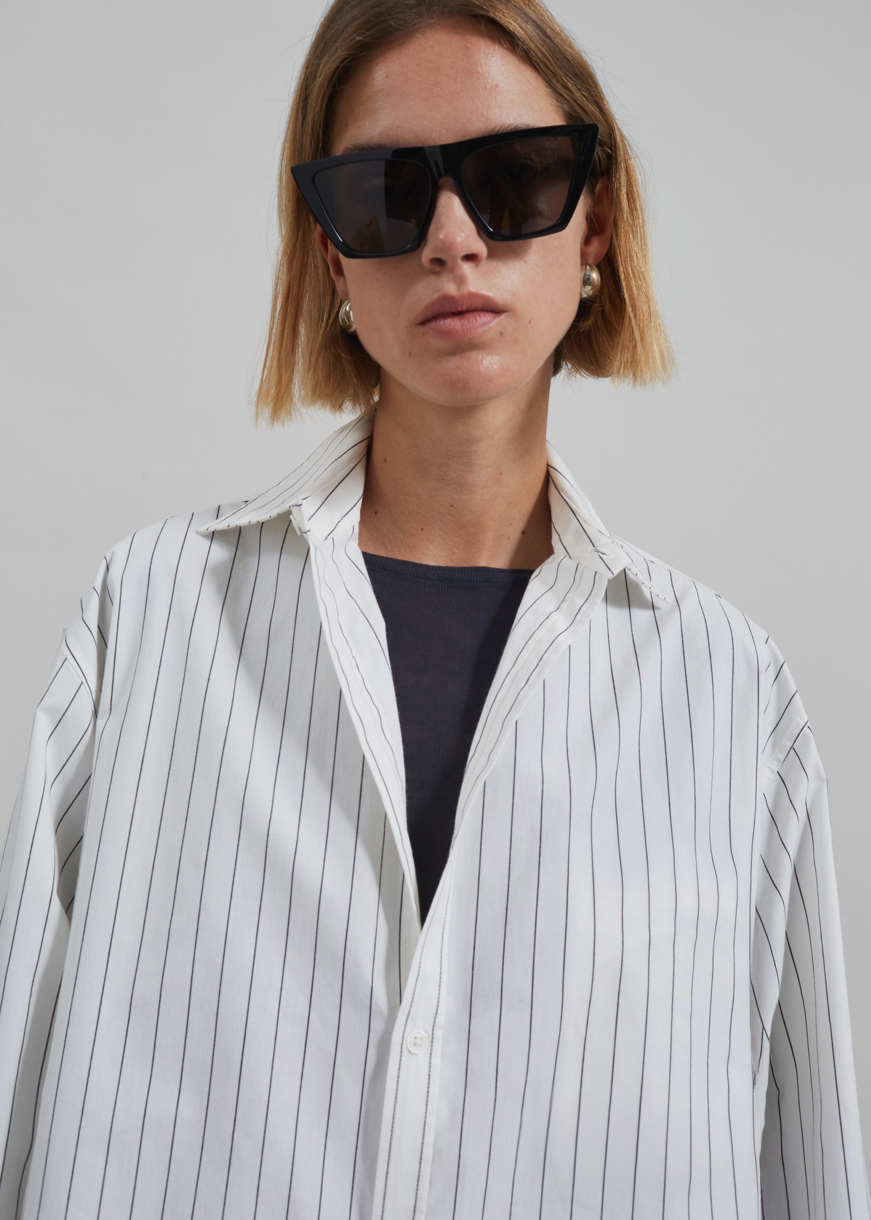 Anvers Striped Cotton Button Up Shirt - White/Black Stripe - 7