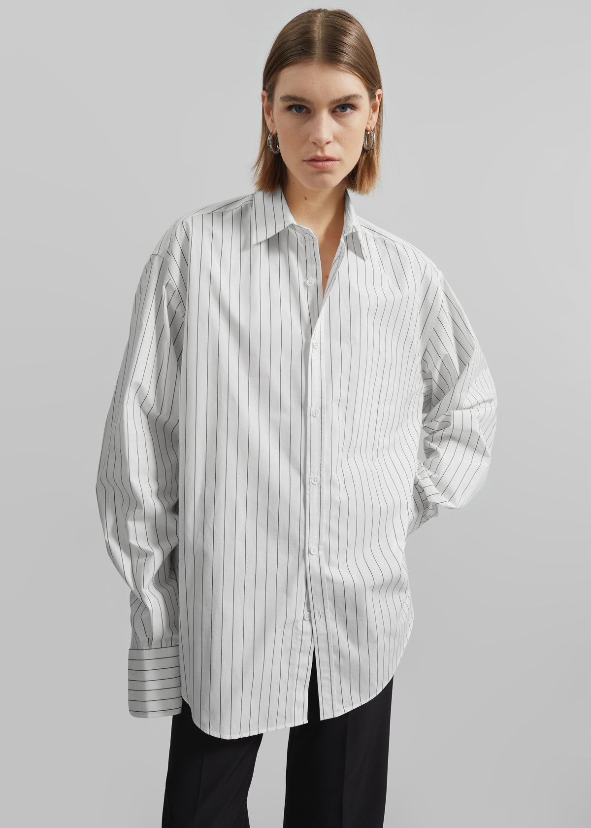 Anvers Striped Cotton Button Up Shirt - White/Black Stripe - 12