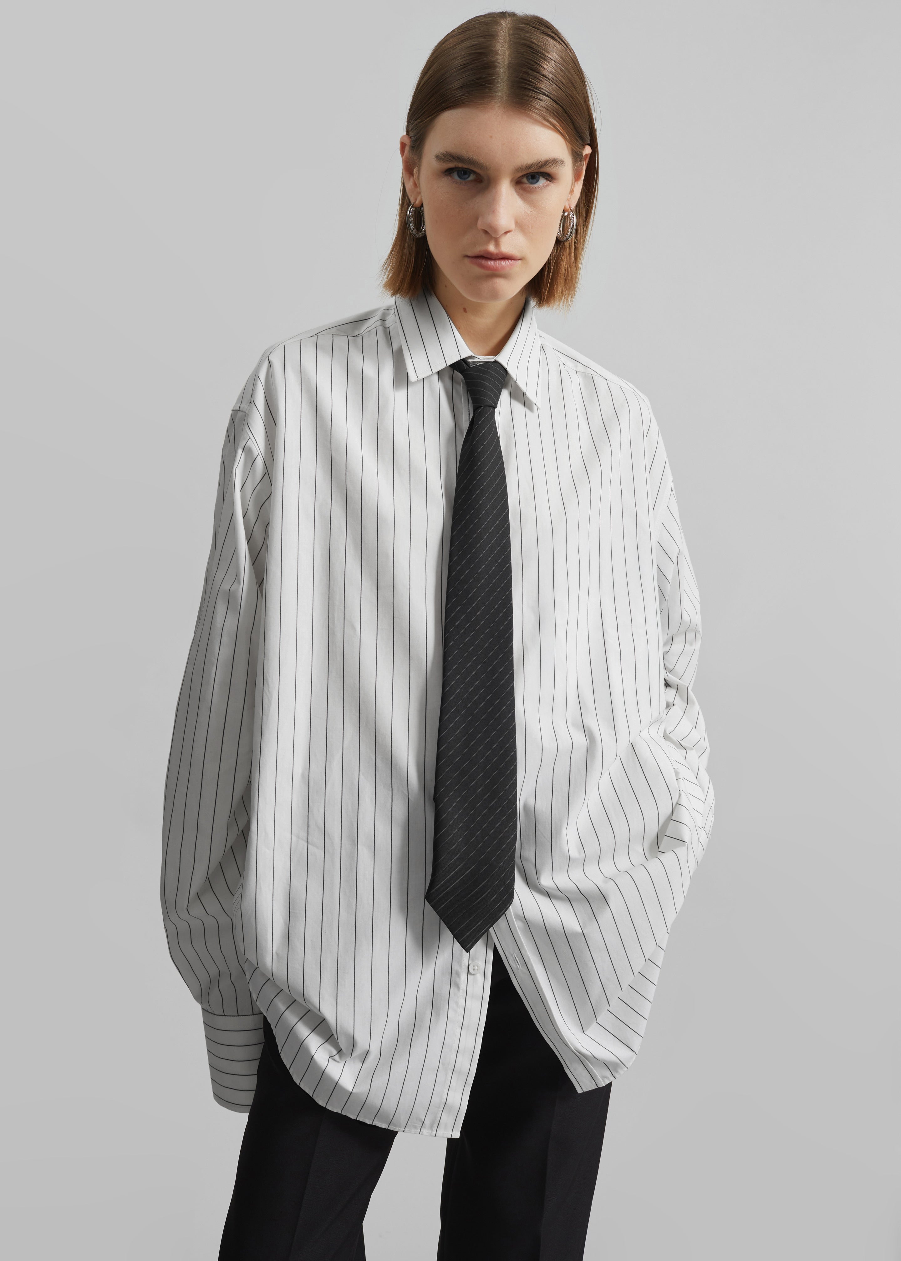 Anvers Striped Cotton Button Up Shirt - White/Black Stripe - 3