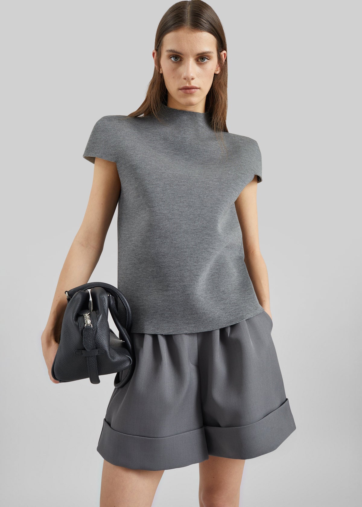 Anya Neoprene Sculpted Sleeve Top - Grey Melange - 1