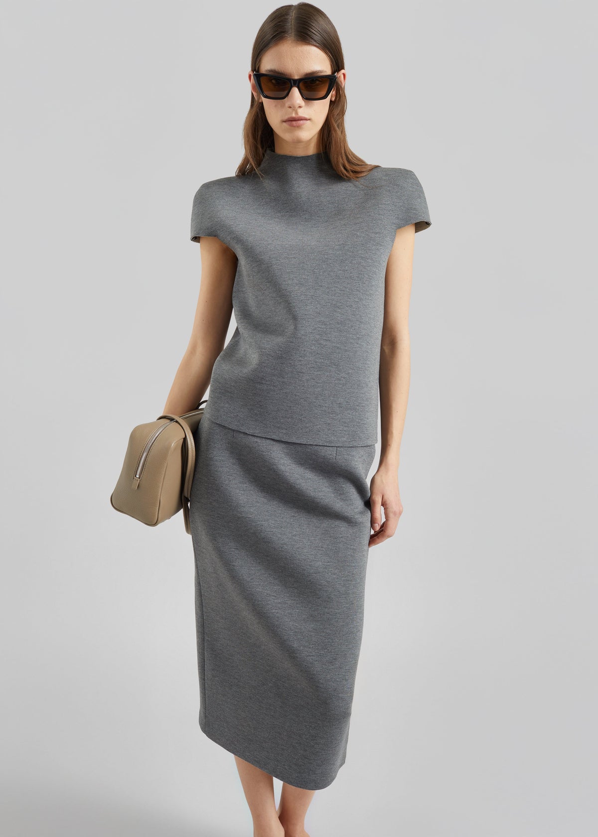 Anya Neoprene Sculpted Sleeve Top - Grey Melange - 2
