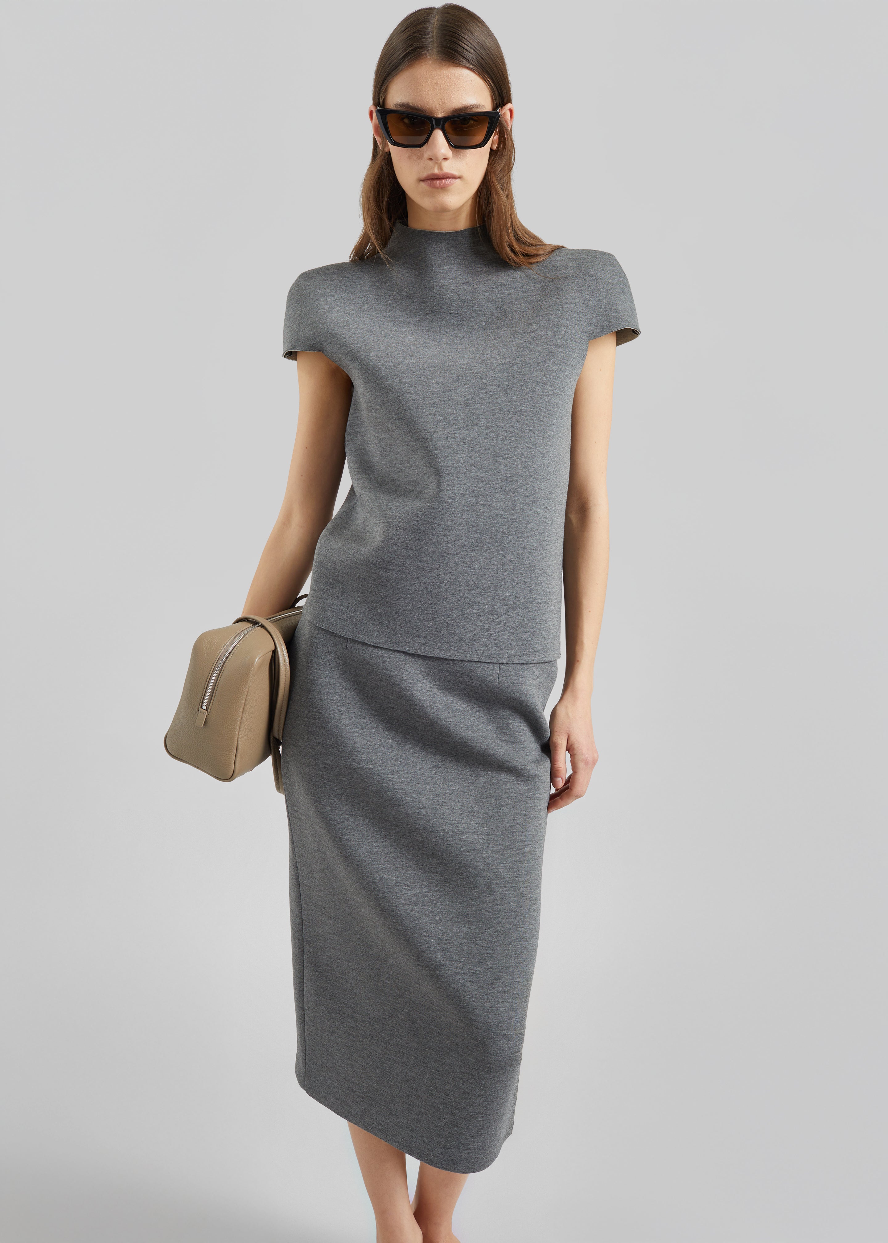 Anya Neoprene Sculpted Sleeve Top - Grey Melange - 2
