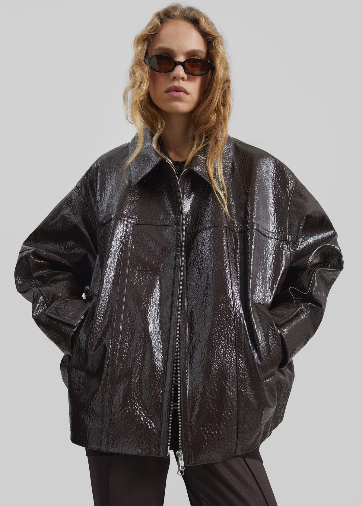 Arbor Crackled Faux Leather Jacket - Brown - 7