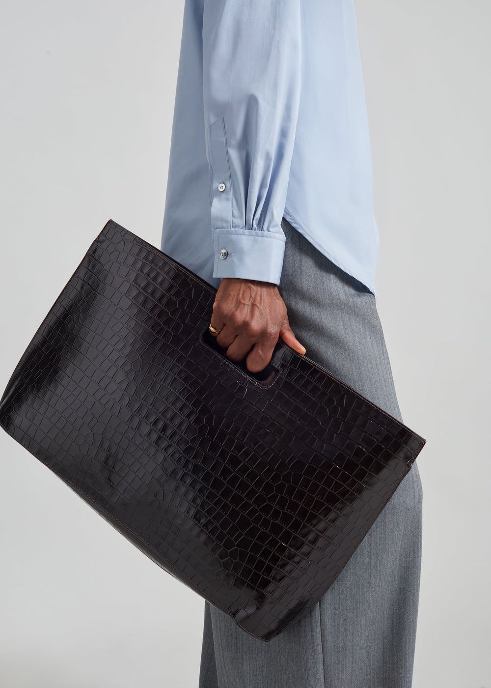Arcy Croc Leather Two-Way Handbag - Chocolate - 1