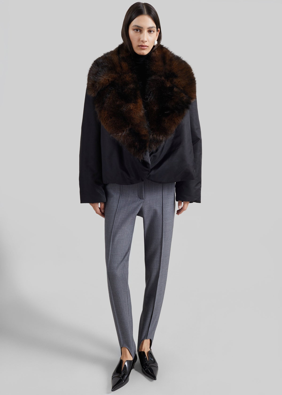 Ariella Faux Fur Notch Collar Puffer Jacket - Black/Brown