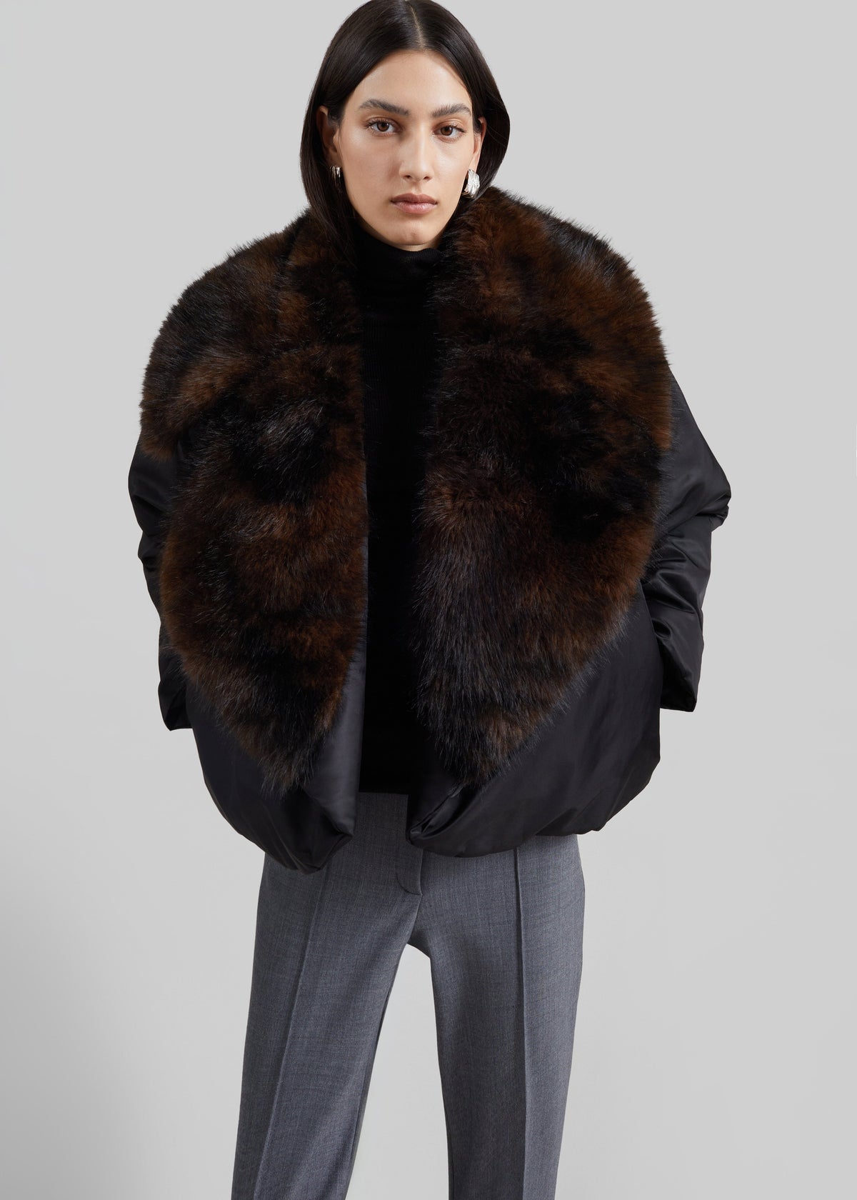 Ariella Faux Fur Notch Collar Puffer Jacket - Black/Brown