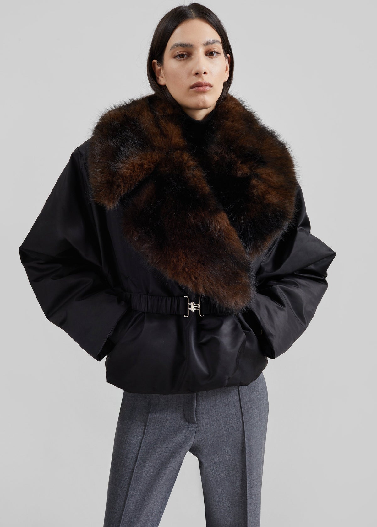 Ariella Faux Fur Notch Collar Puffer Jacket - Black/Brown