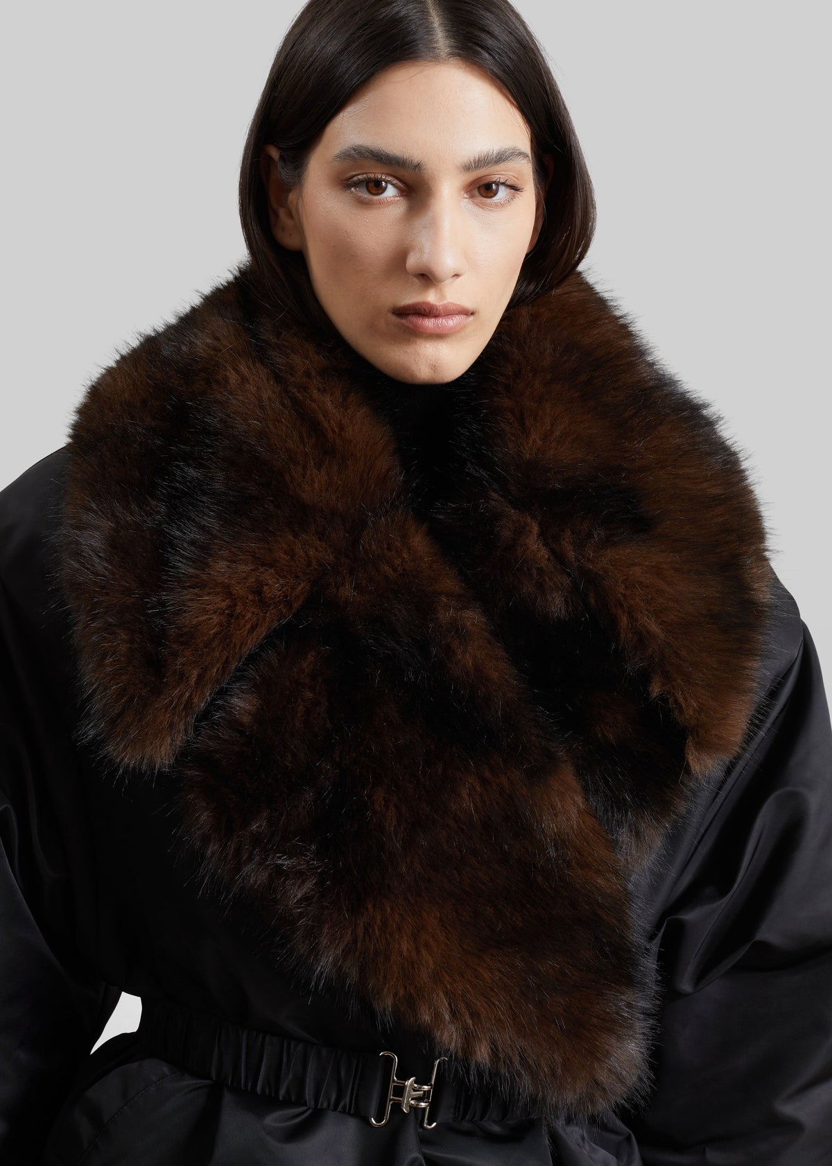 Ariella Faux Fur Notch Collar Puffer Jacket - Black/Brown