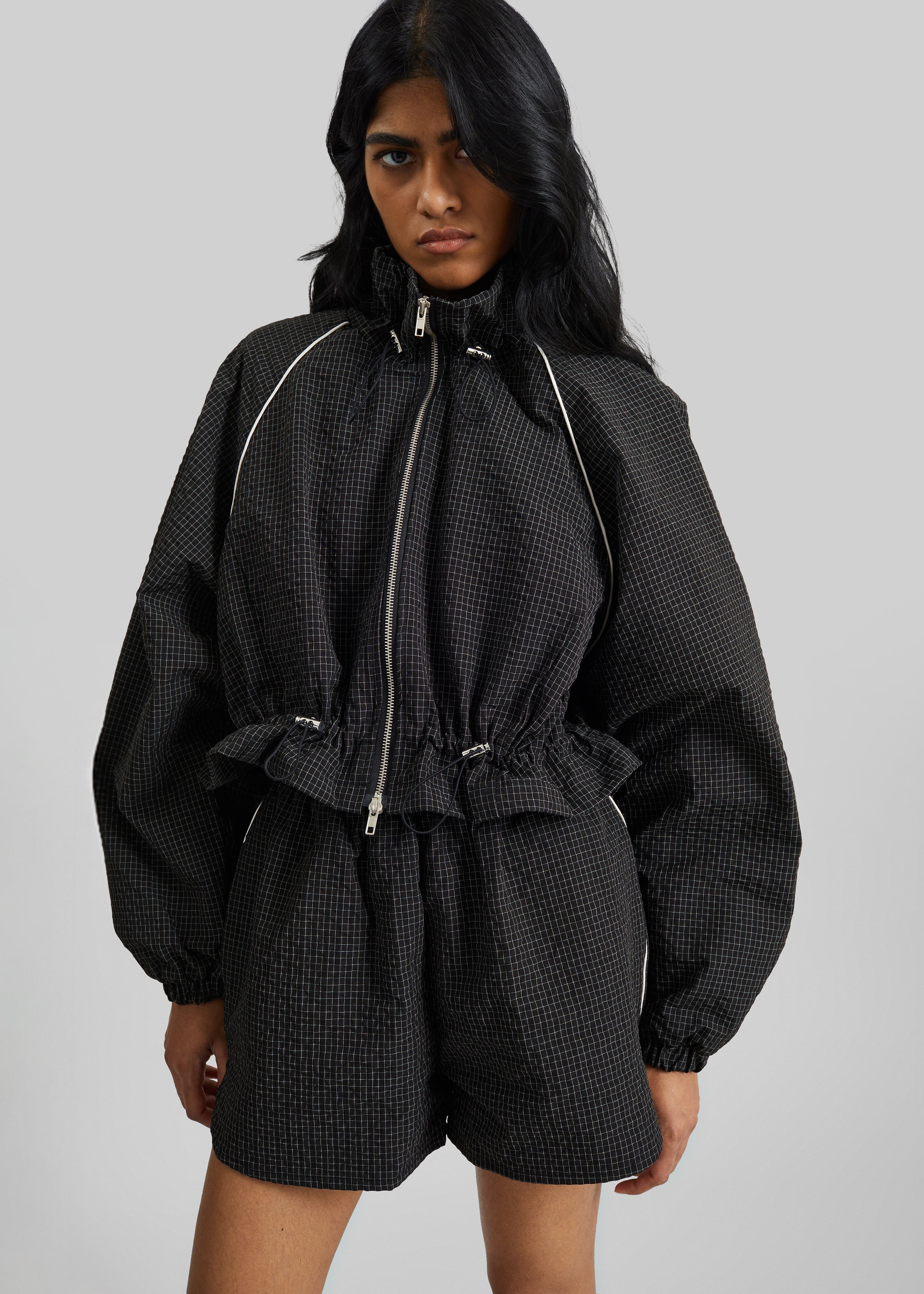 ジャケット・アウター check frill shirt blouson FEKETE Arizona Seersucker Drawstring Track Jacket - Checked Black – The