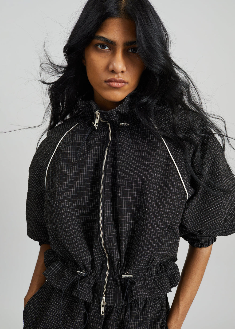 Arizona Seersucker Drawstring Track Jacket - Checked Black - 1