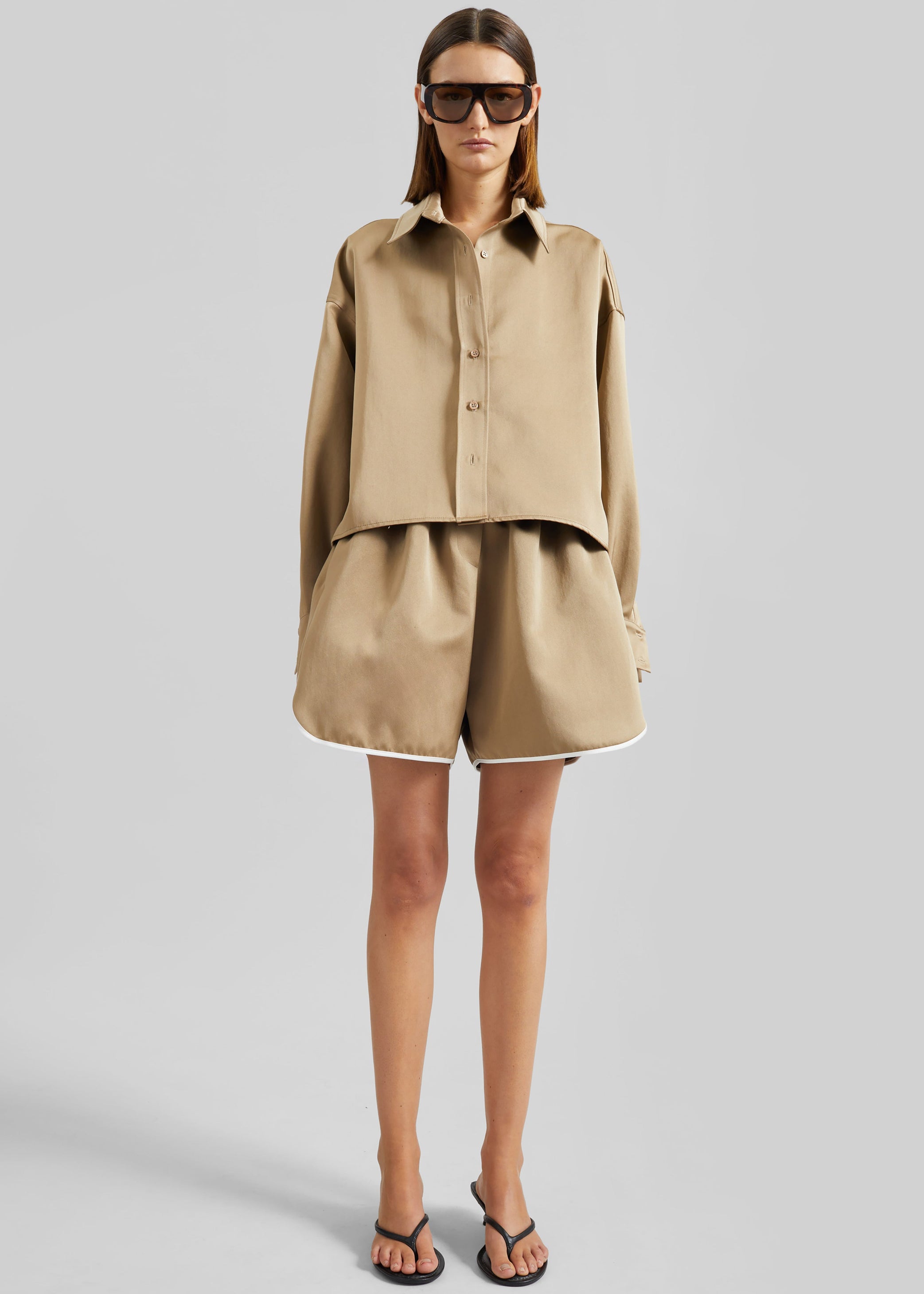 Shop the look image for Arlen Satin Boxy Shirt - Beige