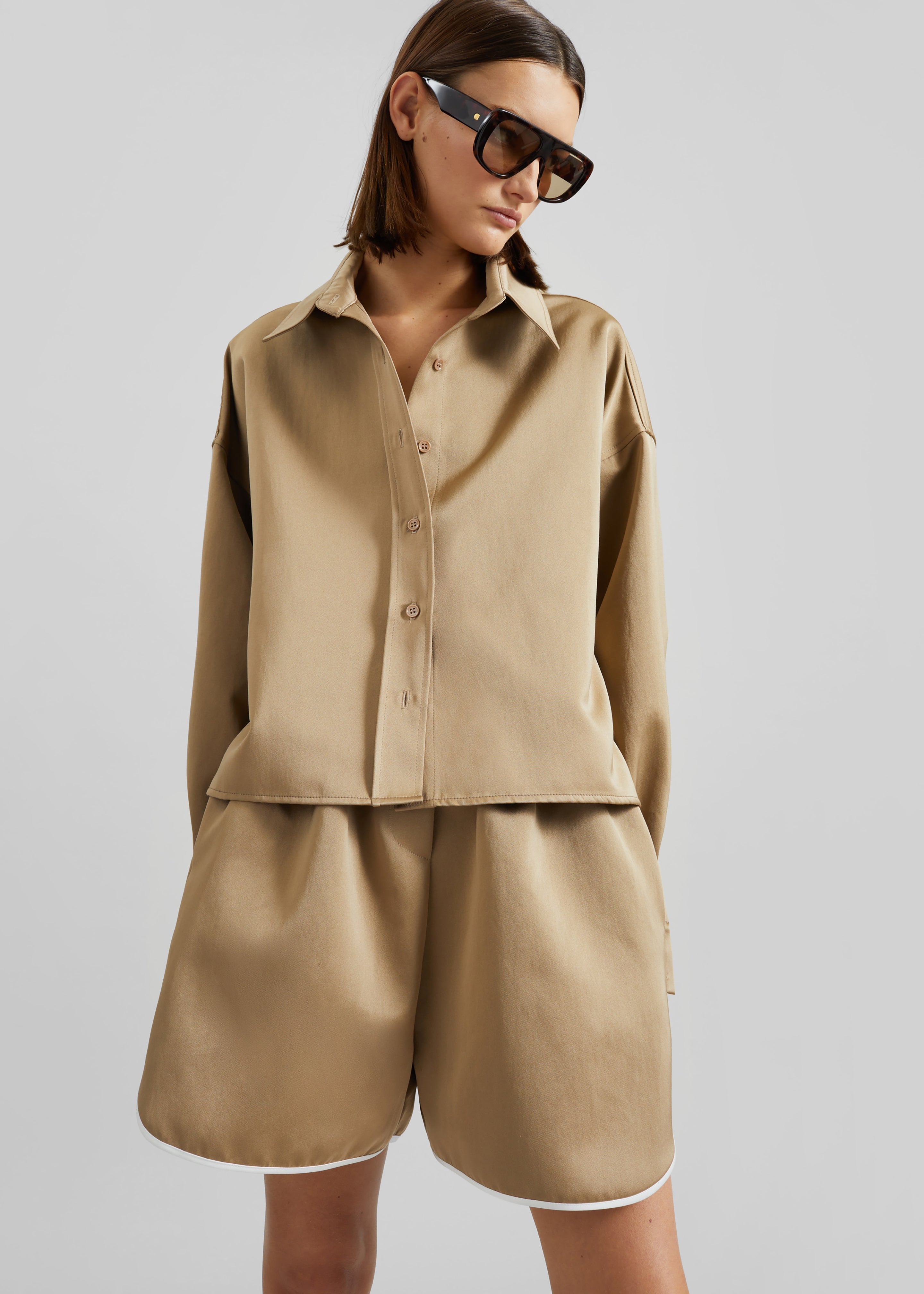 Arlen Satin Boxy Shirt - Beige - 3