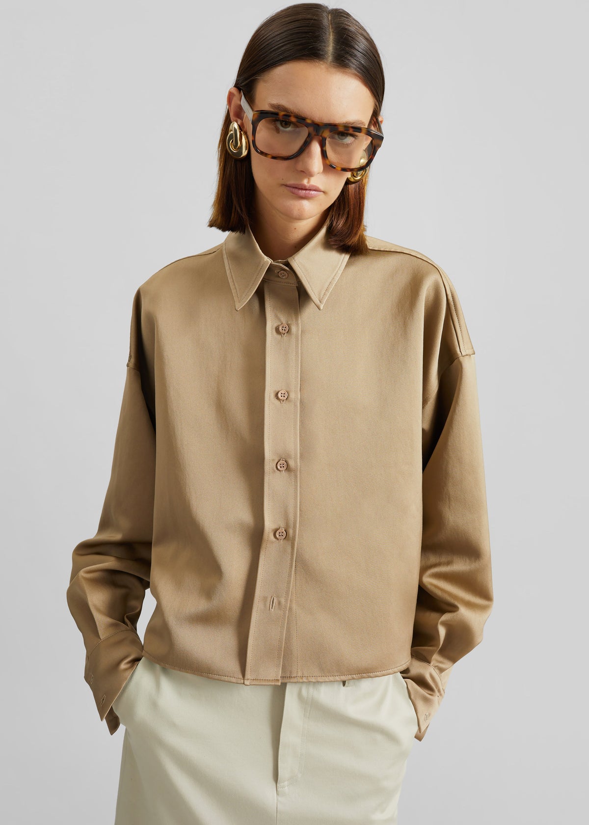 Arlen Satin Boxy Shirt - Beige - 1