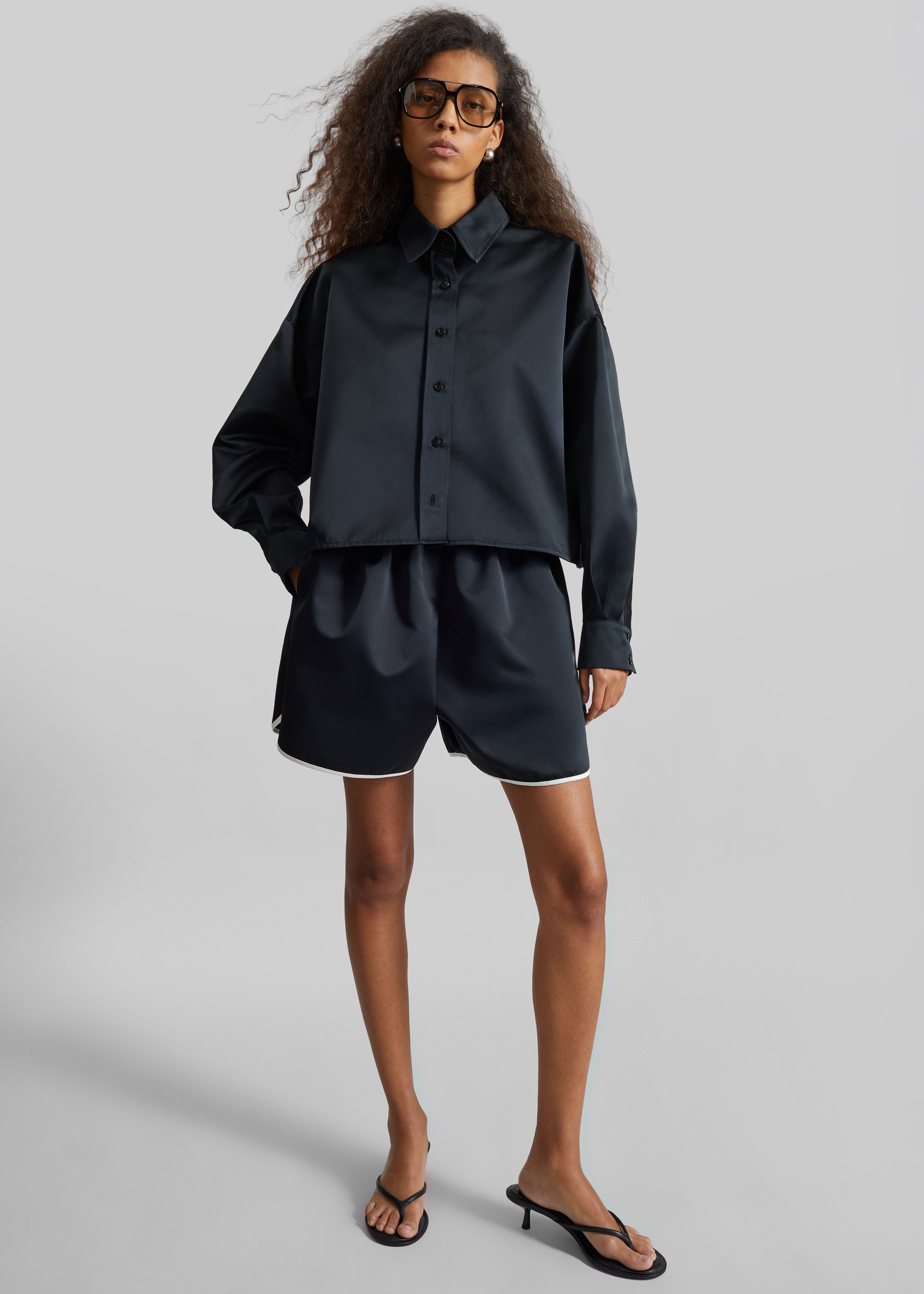 Arlen Satin Boxy Shirt - Black - 1