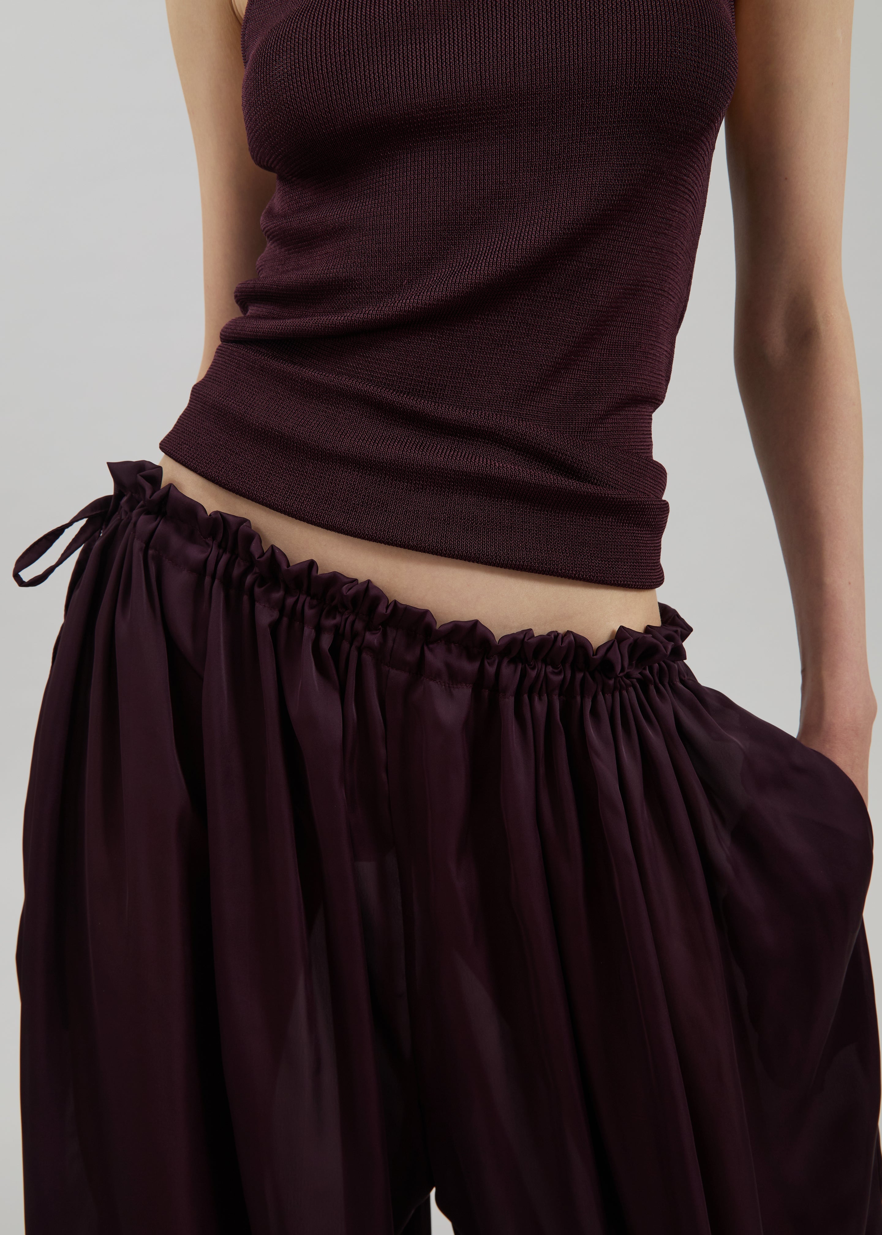Arleth Satin Sheer Drawstring Pants - Plum - 7