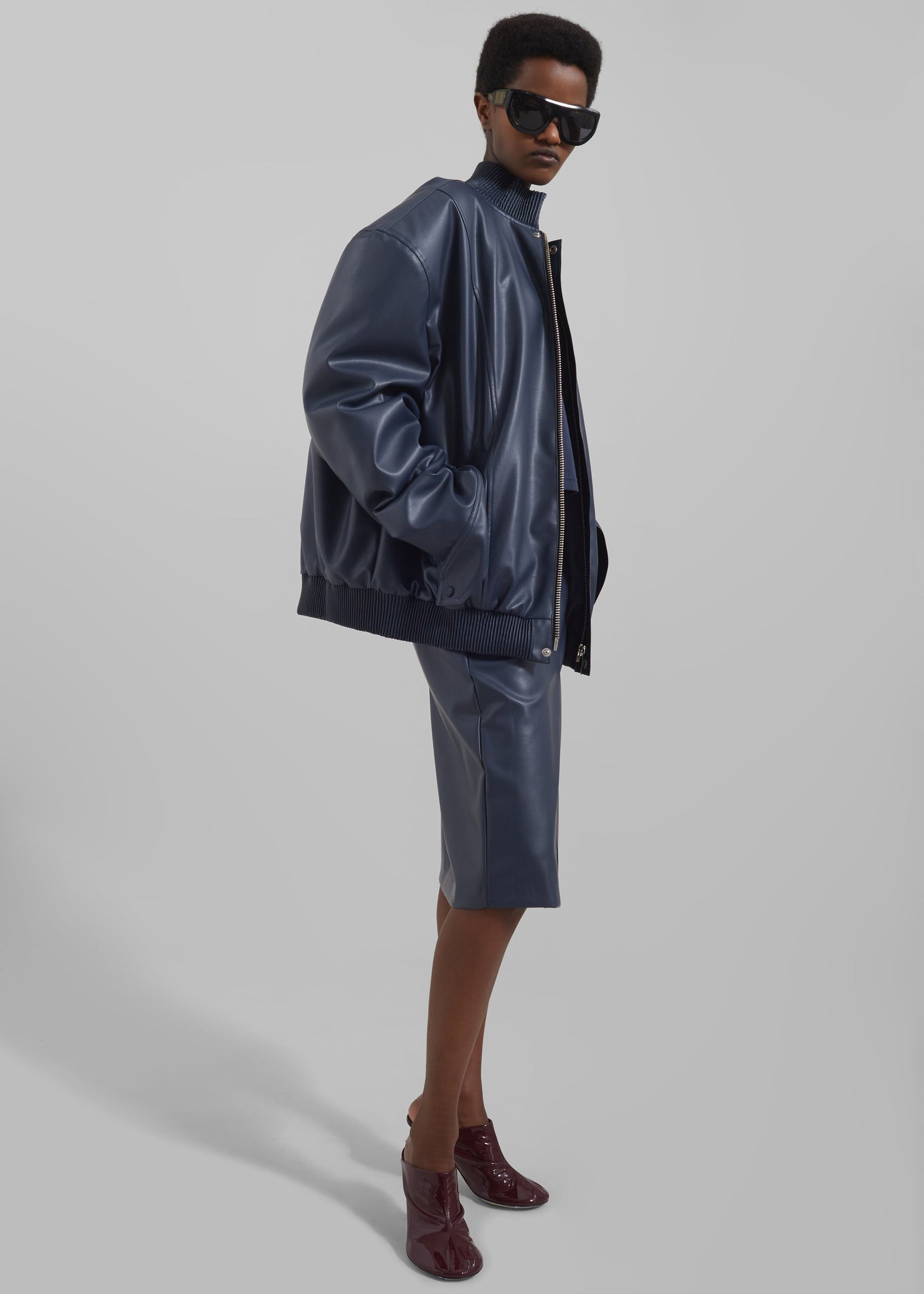 Arley Oversized Faux Leather Bomber - Navy