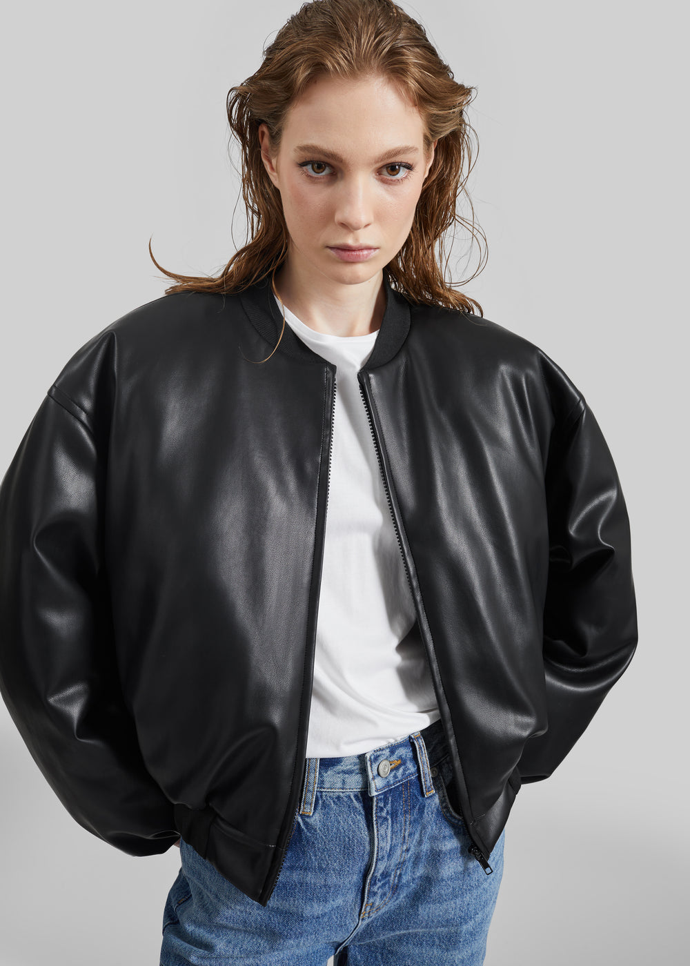 Arolla Faux Leather Draped Jacket - Black - 1