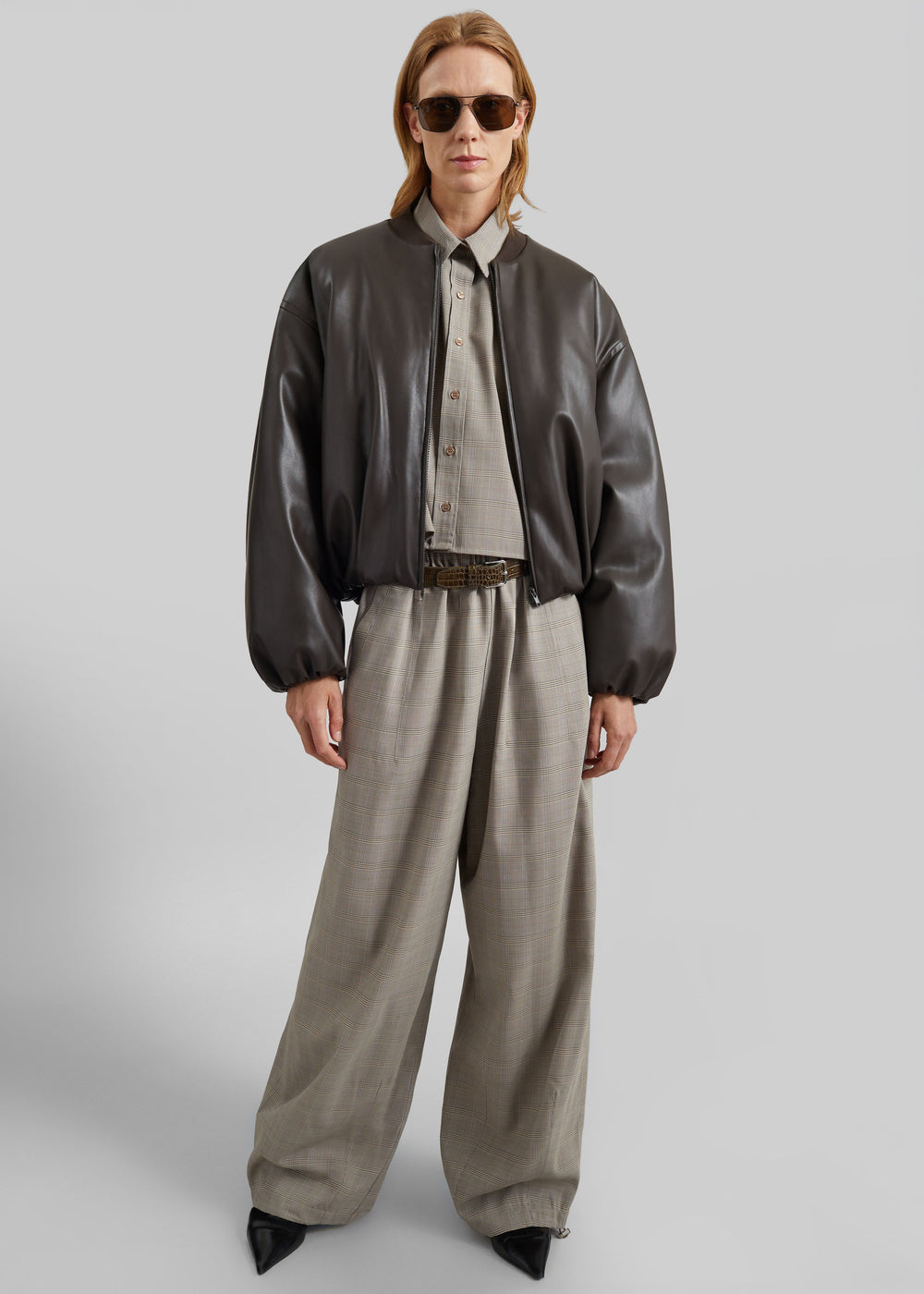 Arolla Faux Leather Draped Jacket - Brown - 1