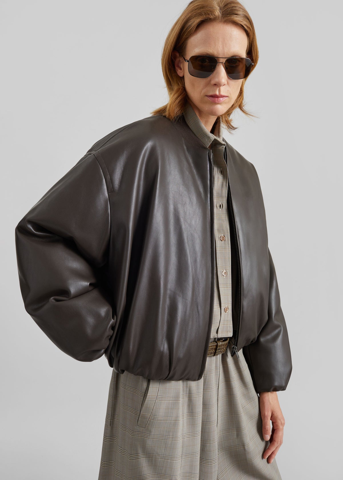 Arolla Faux Leather Draped Jacket - Brown - 1