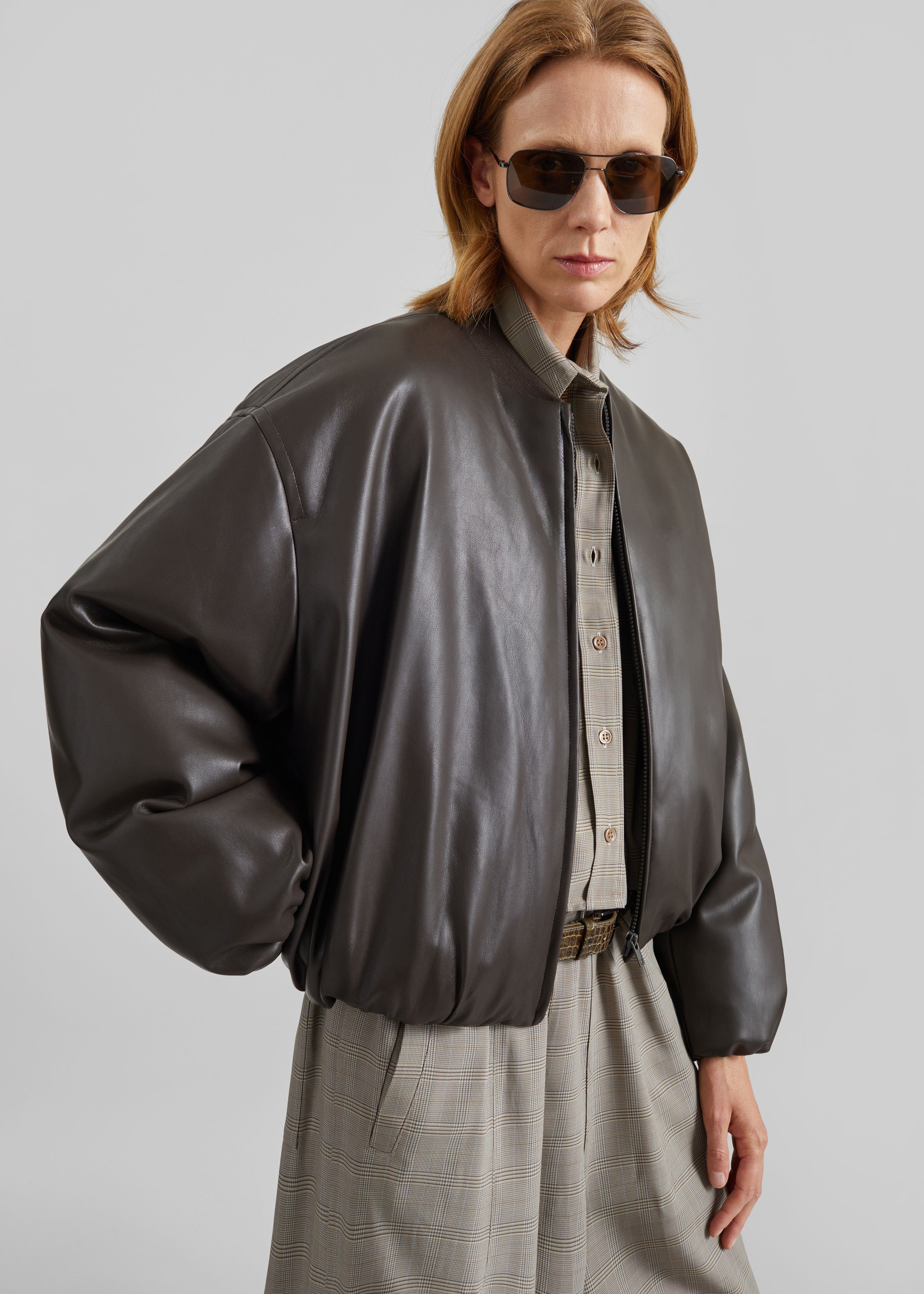 Arolla Faux Leather Draped Jacket - Brown - 1