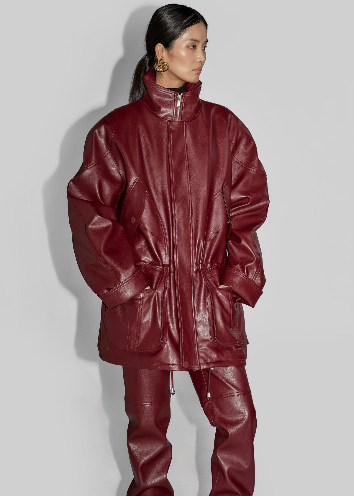 Ascona Faux Leather Jacket - Burgundy - 5