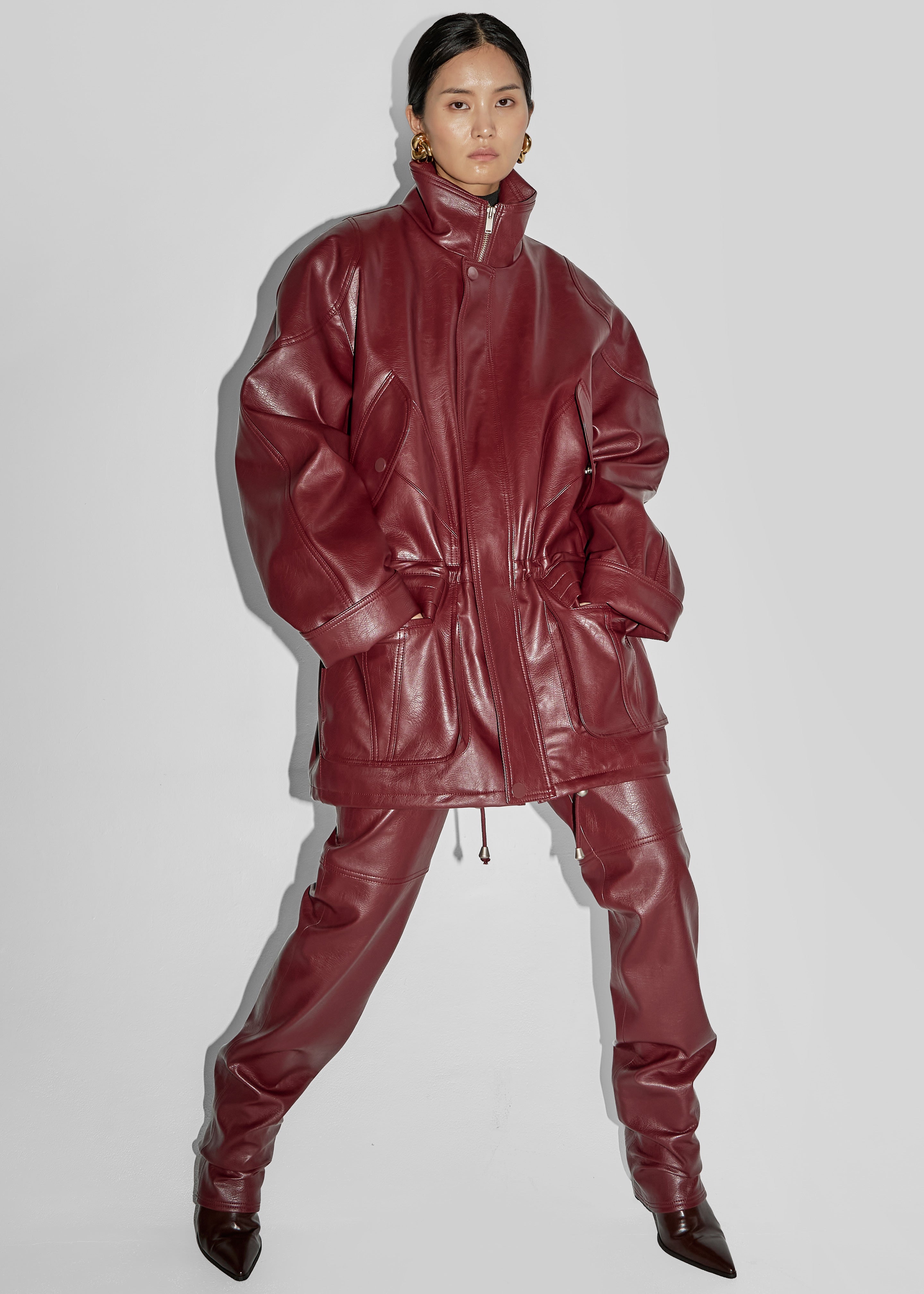 Ascona Faux Leather Pants - Burgundy - 3
