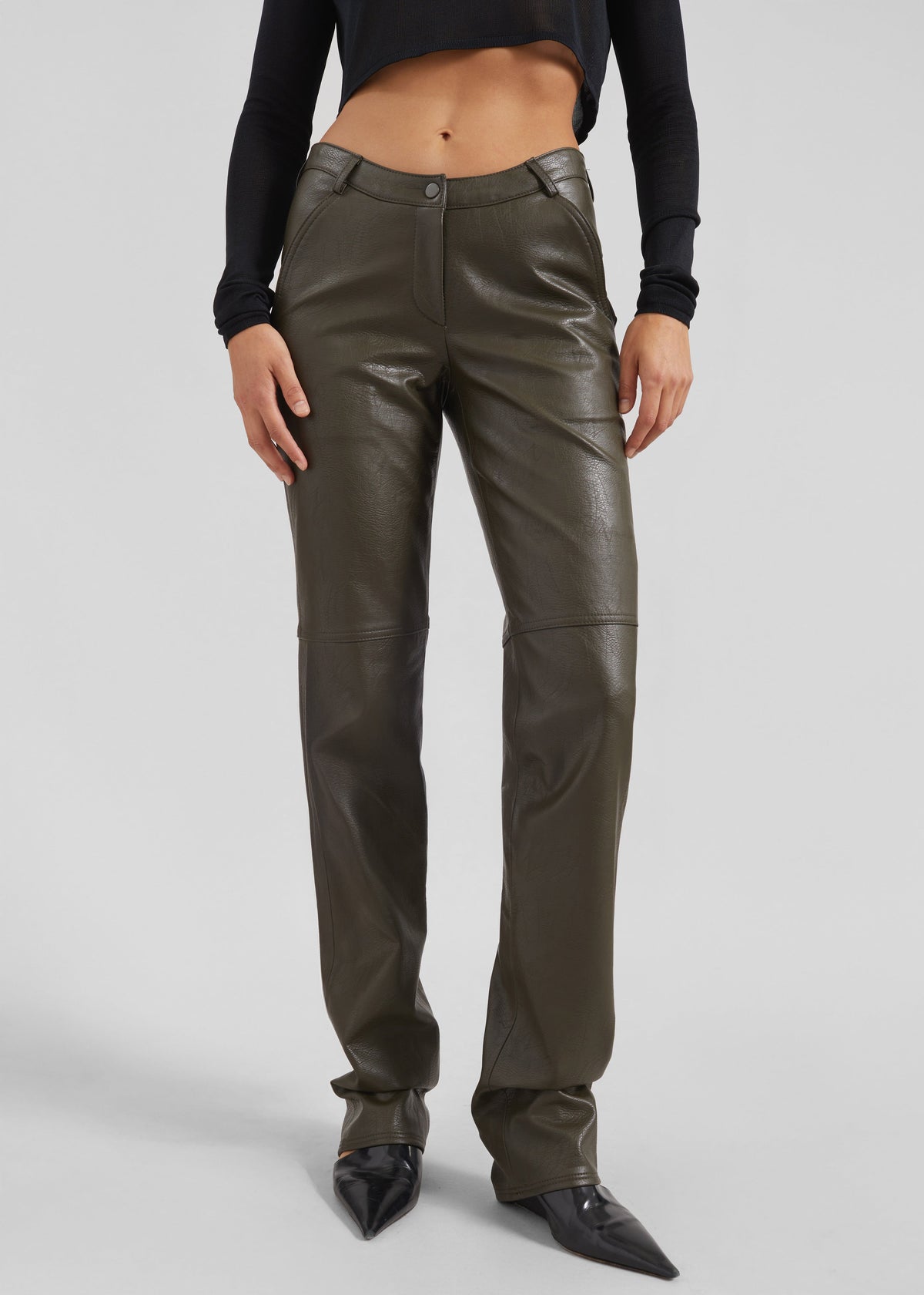 Ascona Faux Leather Pants - Dark Olive - 3
