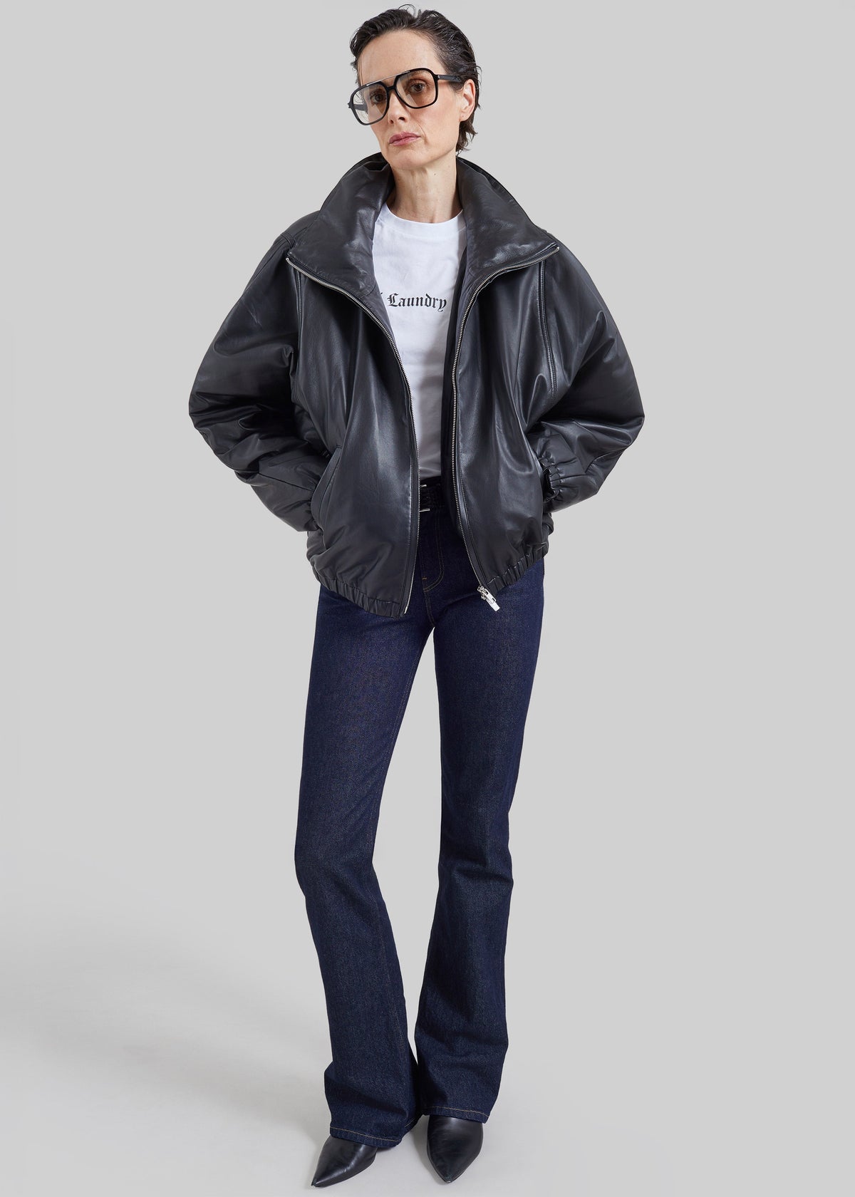 Bomber Assissi in pelle con collo a imbuto - Nero
