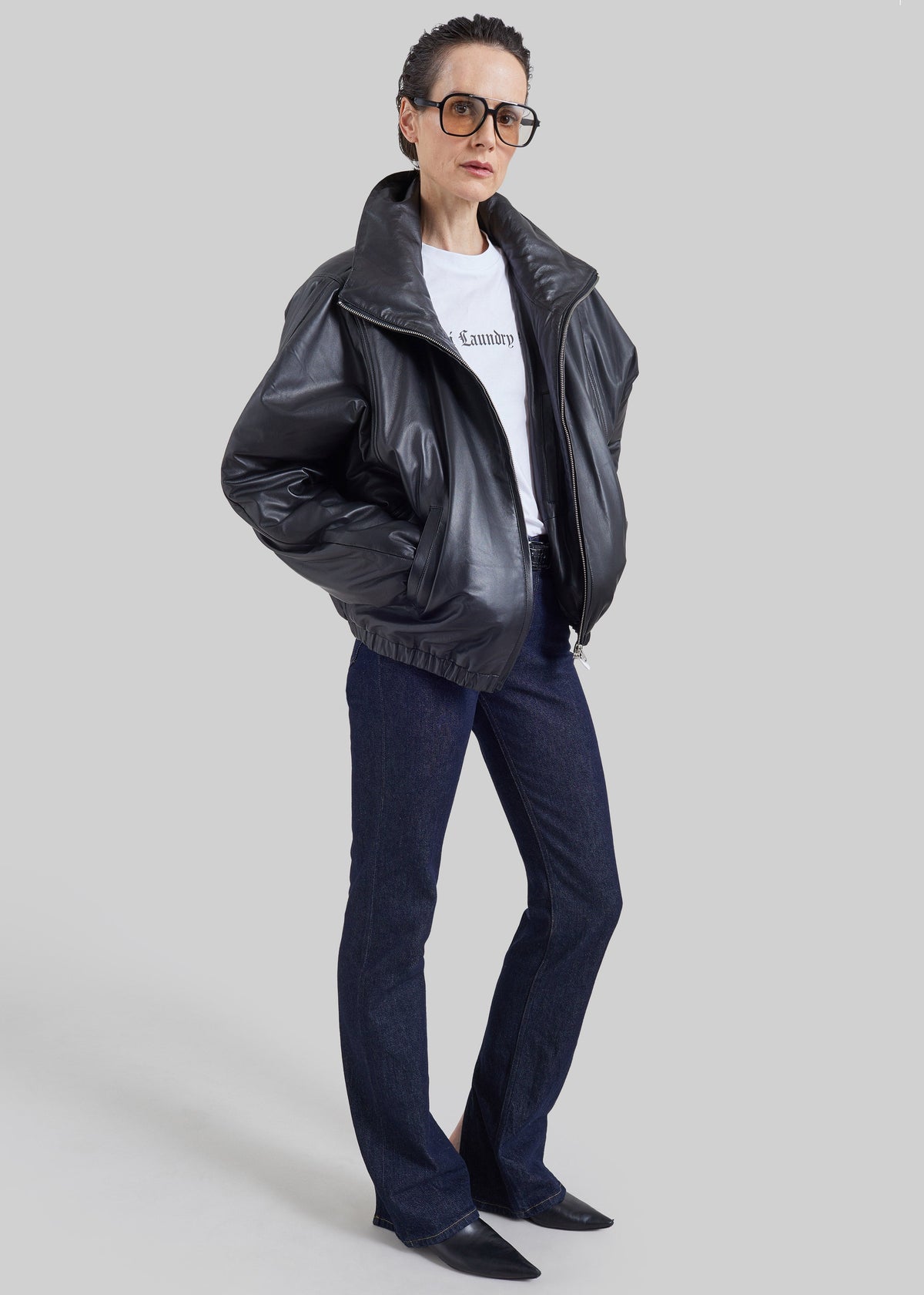 Bomber Assissi in pelle con collo a imbuto - Nero