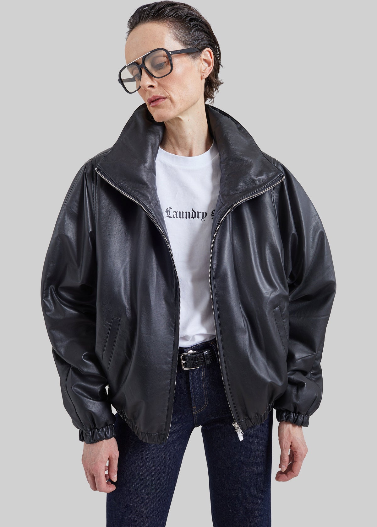 Bomber Assissi in pelle con collo a imbuto - Nero