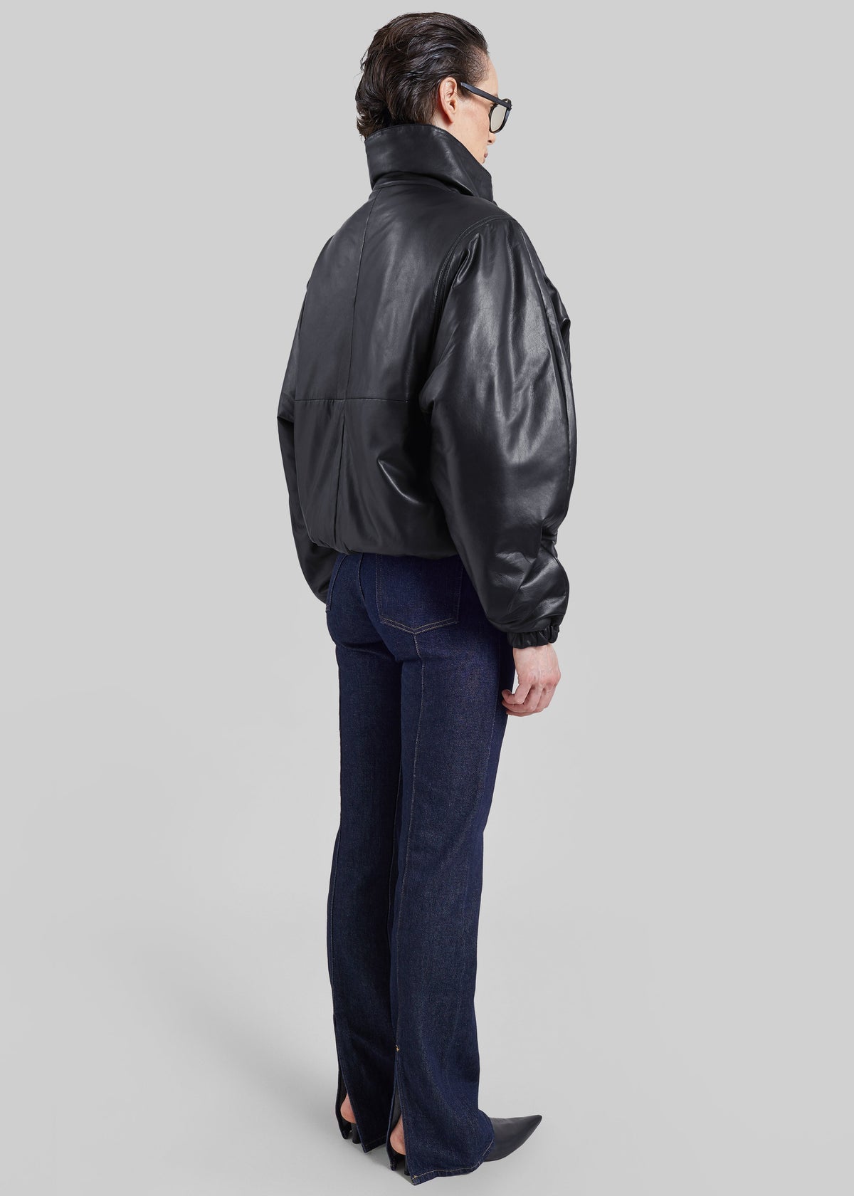 Bomber Assissi in pelle con collo a imbuto - Nero