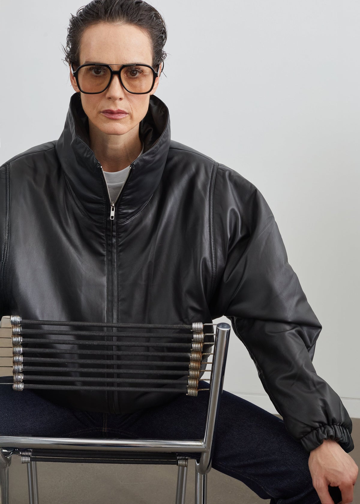 Bomber Assissi in pelle con collo a imbuto - Nero